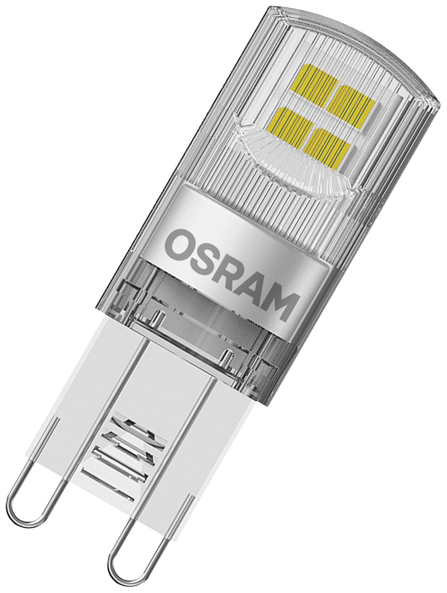 Lampe LED d'OSRAM. Cylindre transparent avec des surfaces lumineuses jaunes sur le dessus. Adaptée aux supports G4, conception compacte.