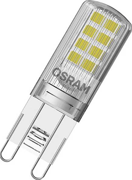 Une ampoule LED compacte équipée de plusieurs diodes électroluminescentes jaunes, portant l'étiquette 'OSRAM'. Elle dispose d'une pointe de connexion bipolaire.