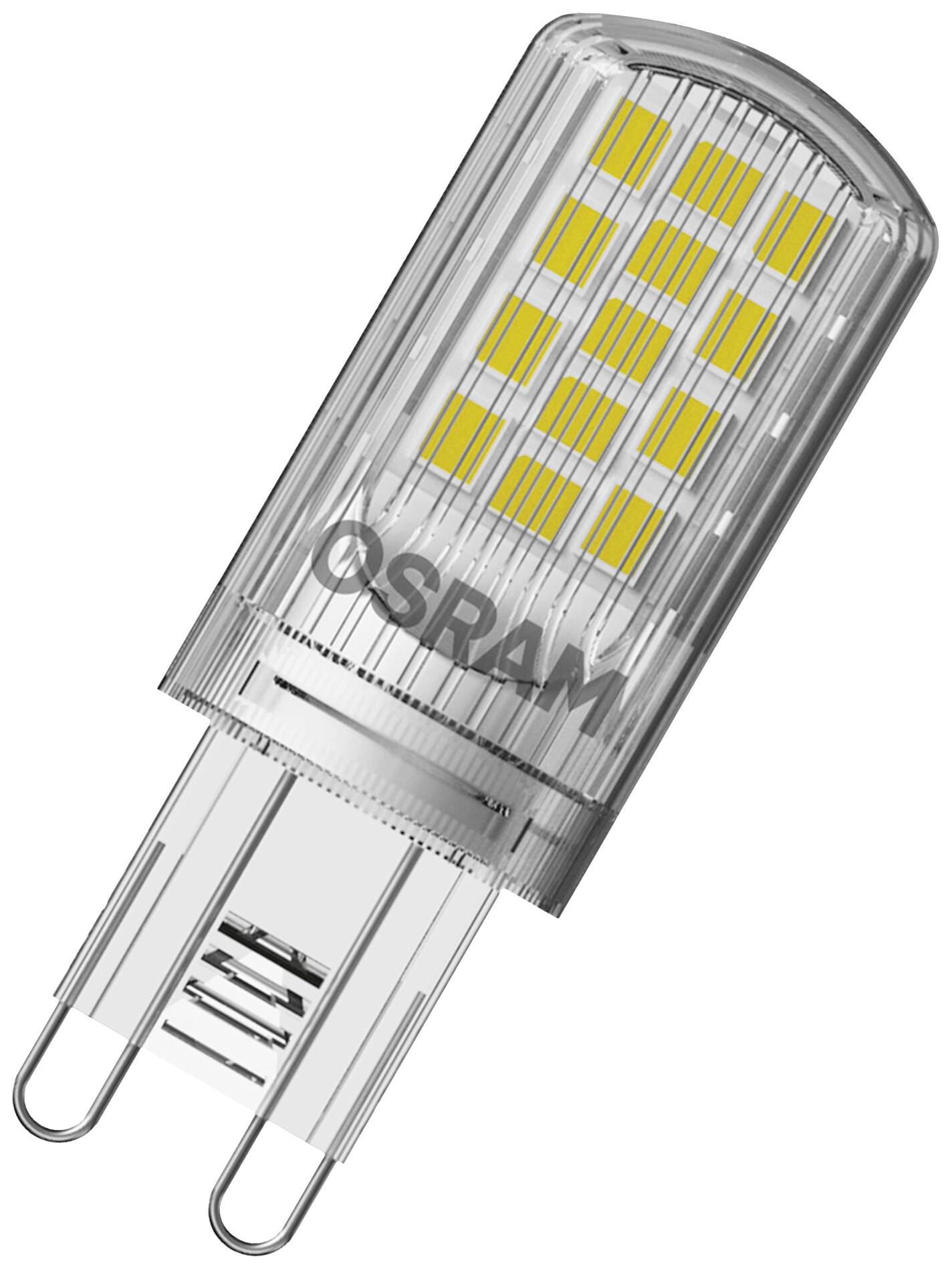 Lampe LED OSRAM à culot G9, boîtier transparent et puces lumineuses jaunes, adaptée à un éclairage économe en énergie.