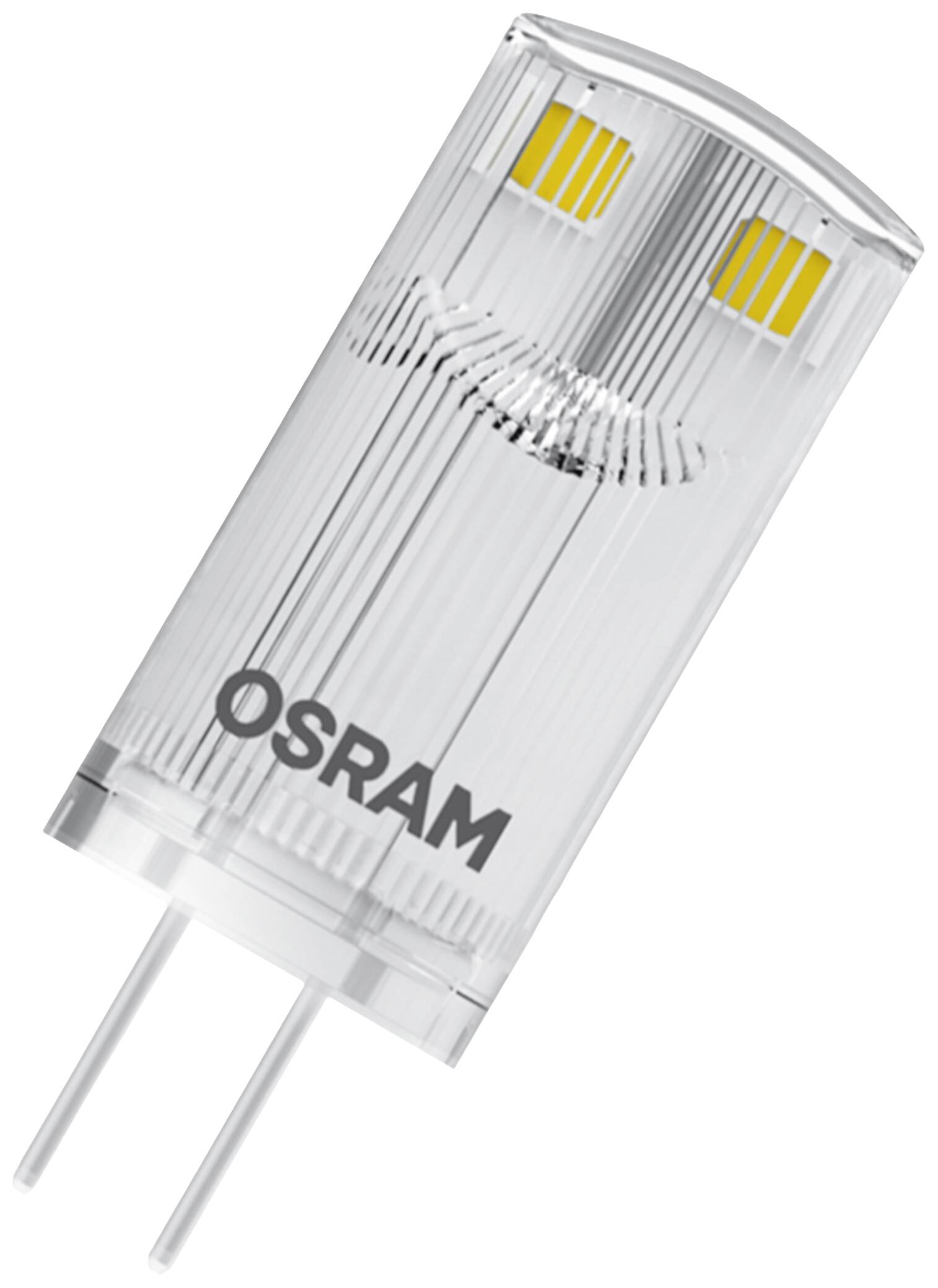 Lampe LED, socle bipolaire, marque OSRAM, boîtier transparent avec diodes LED jaunes visibles, source lumineuse économe en énergie.
