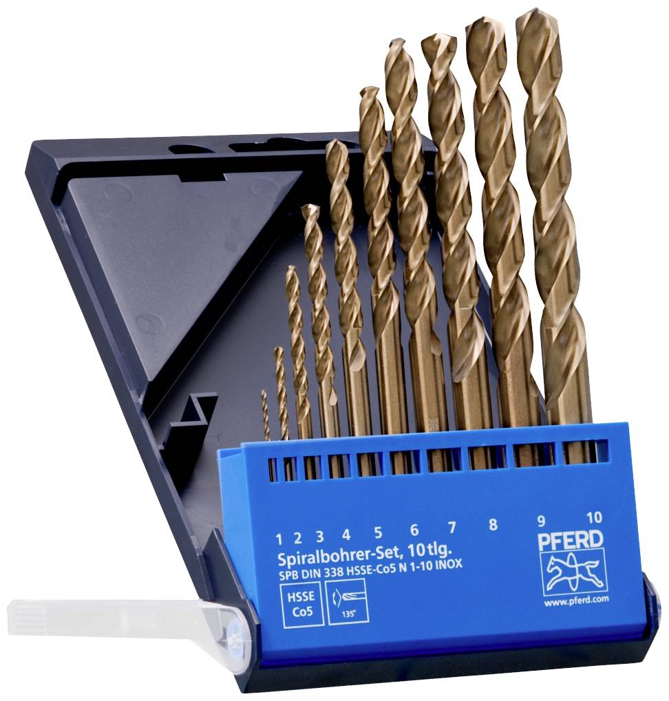Coffret de forets en métal de différentes tailles, dans un support bleu. Adapté à diverses applications en artisanat ou pour les travaux de bricolage.