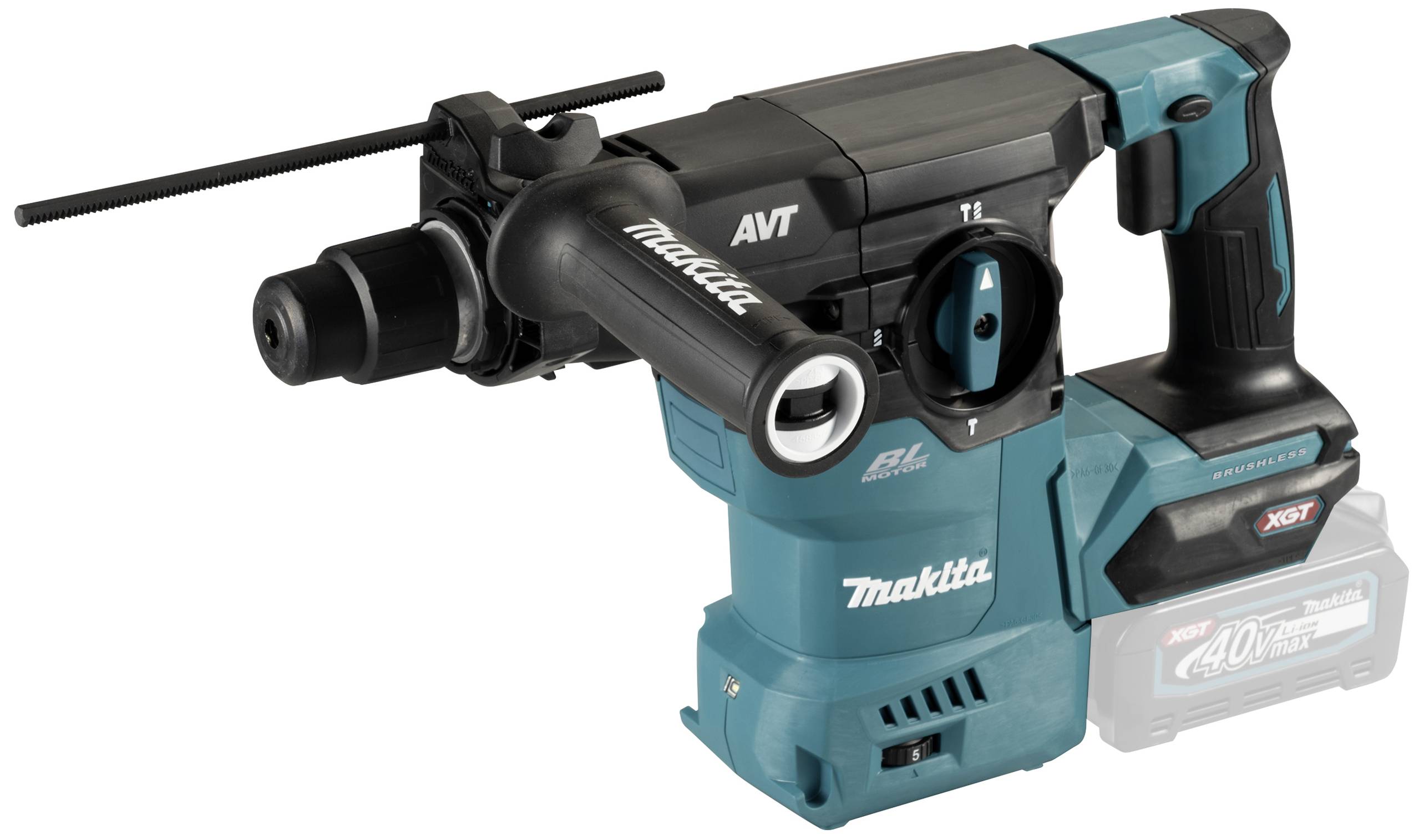 Un marteau perforateur Makita bleu, alimenté par batterie, avec une poignée ergonomique et une technologie AVT. Adapté pour des travaux de perçage intensifs.