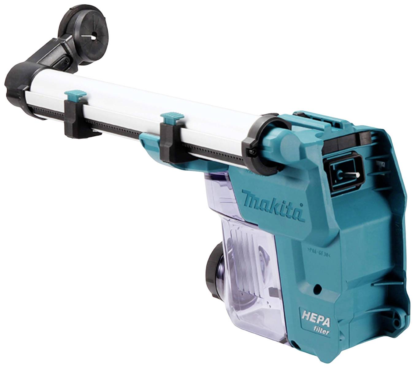 Un appareil portable de filtration HEPA de couleur turquoise de Makita, servant d'aspirateur pour outils électriques. Fixations visibles.