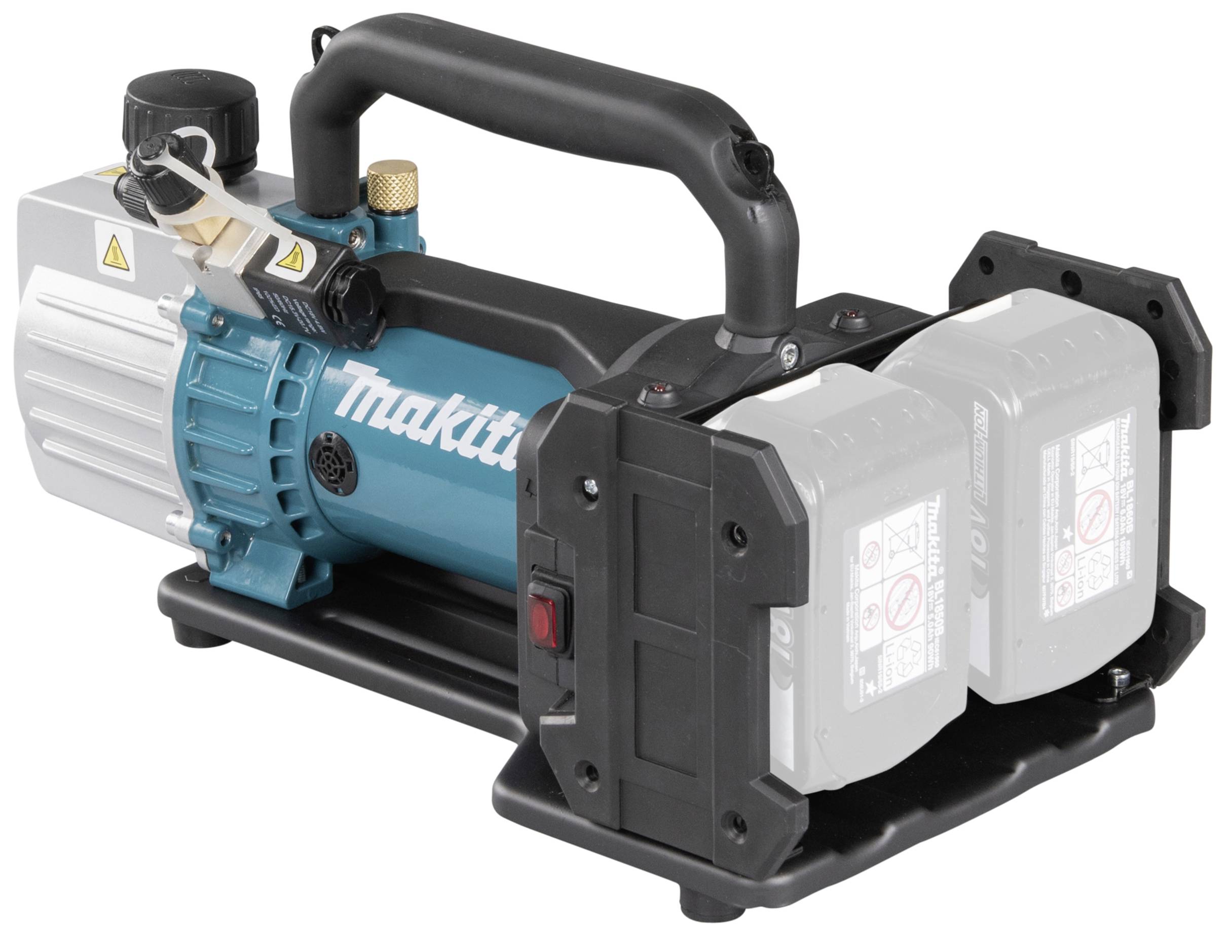 Pompe à air portable à double fonctionnement, alimentée par batterie, avec le logo Makita sur le côté. Adaptée aux chantiers et aux applications mobiles.