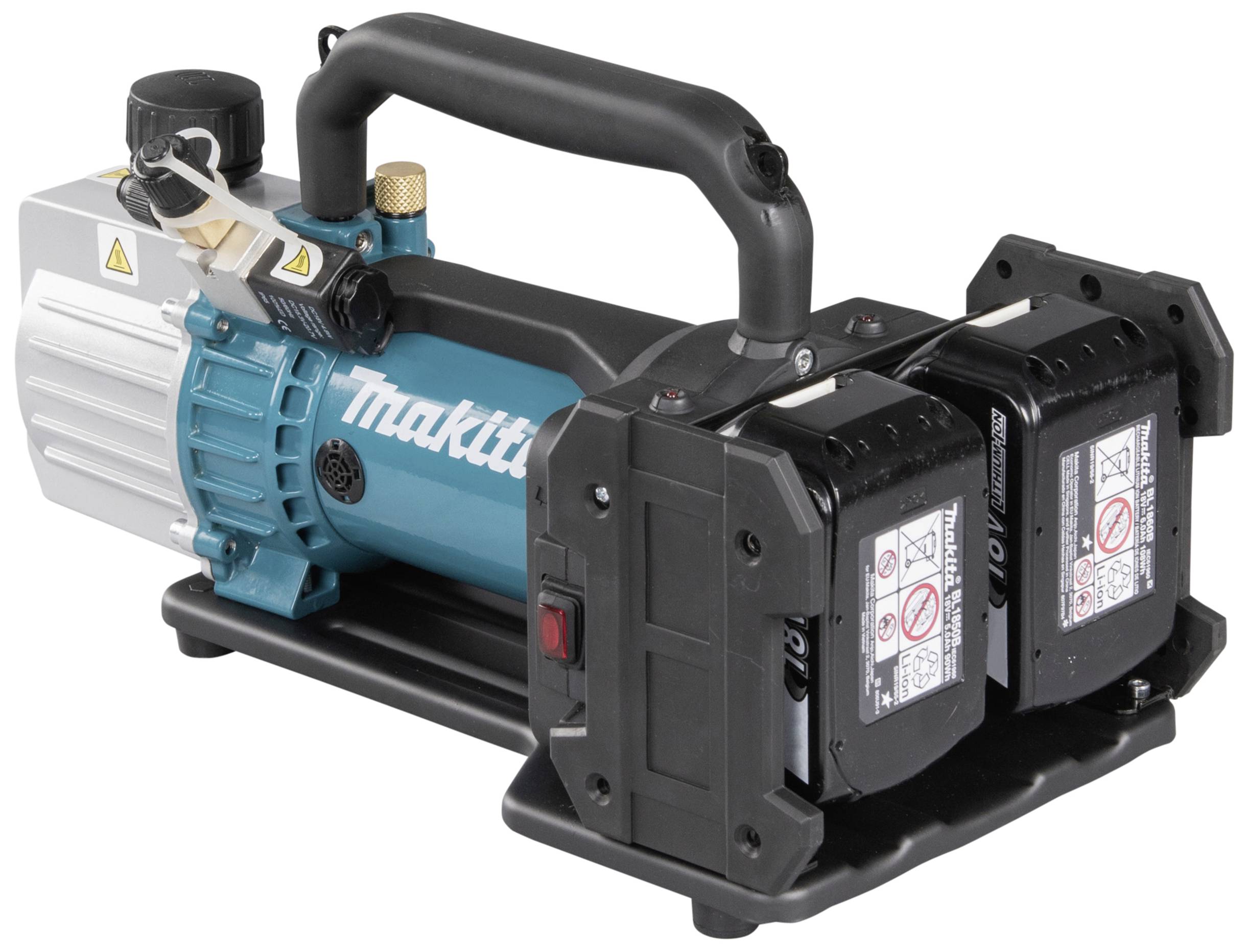 Compresseur d'air sans fil avec deux batteries et une poignée de transport noire, nom de marque visible sur un boîtier bleu.