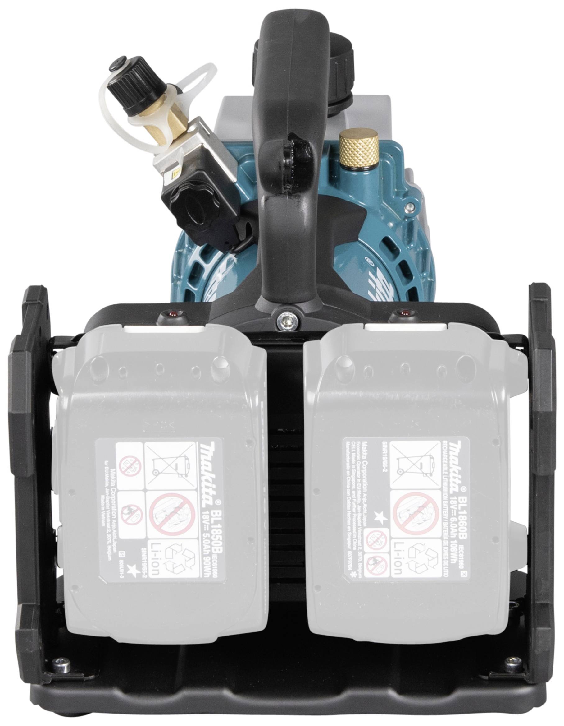 Un compresseur portable bleu-noir avec deux compartiments pour batteries, adapté à l'utilisation avec des batteries 18V.