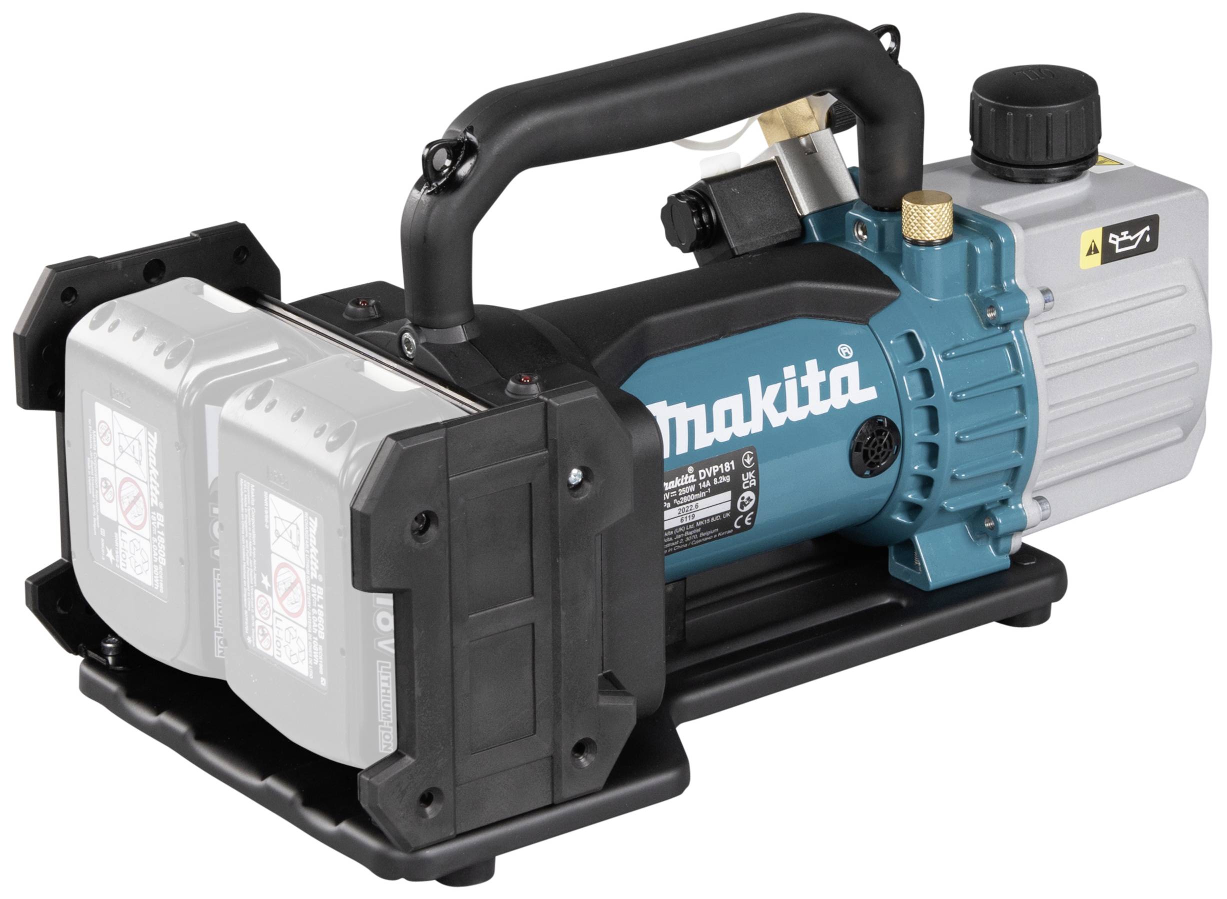 Pompe à vide Makita à batterie avec boîtier bleu, poignée noire et deux compartiments pour batteries.
