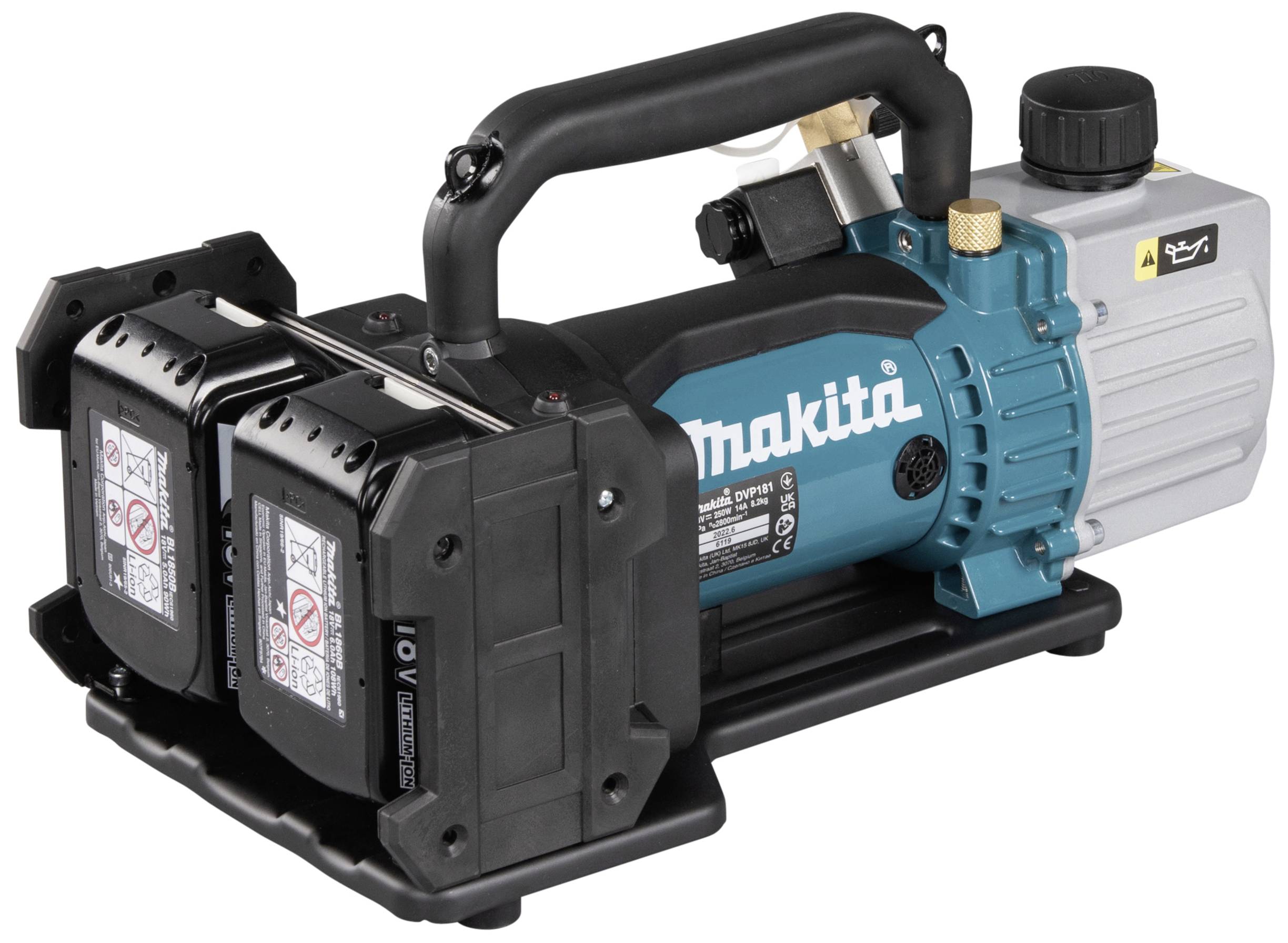 Un compresseur électrique portable avec deux compartiments de batterie noirs et un moteur bleu, adapté aux chantiers de construction.