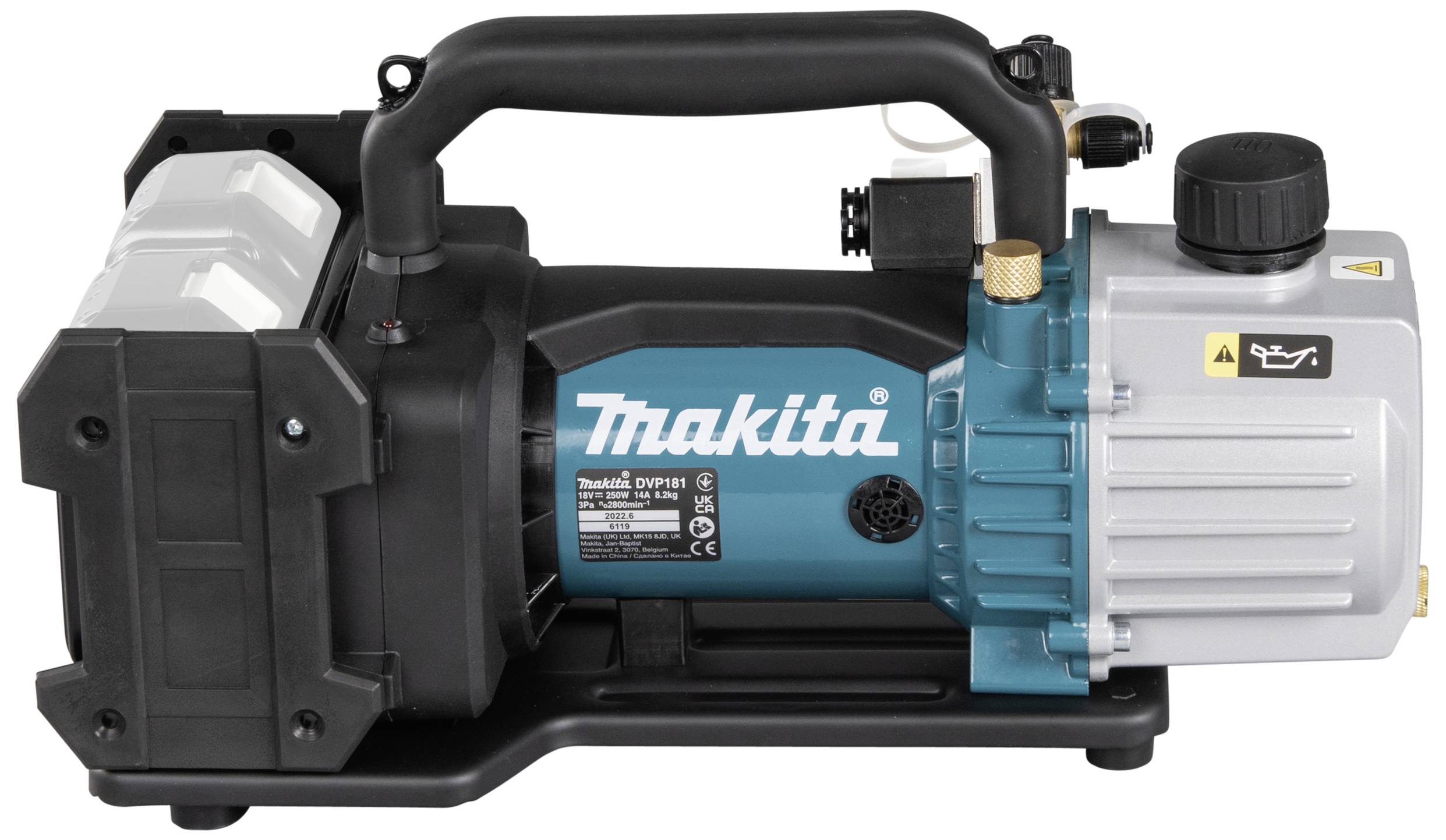 Pompe à vide portable avec poignée, boîtier noir et accent bleu de Makita. Conçue pour des applications industrielles.