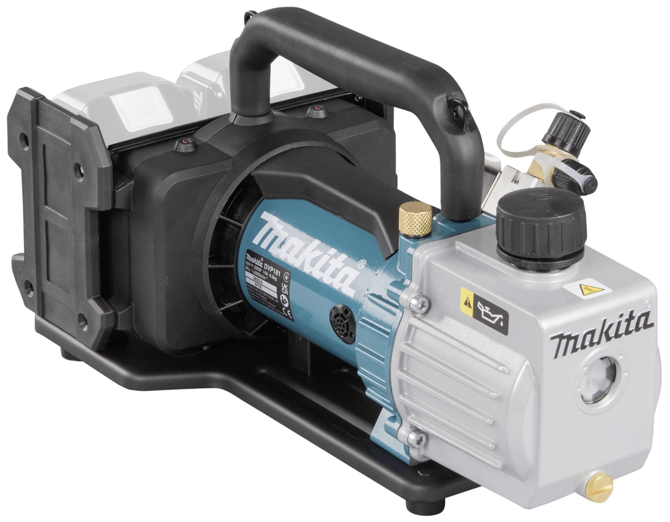 Une pompe à vide Makita avec un boîtier bleu et argenté, une poignée et un régulateur de vanne.