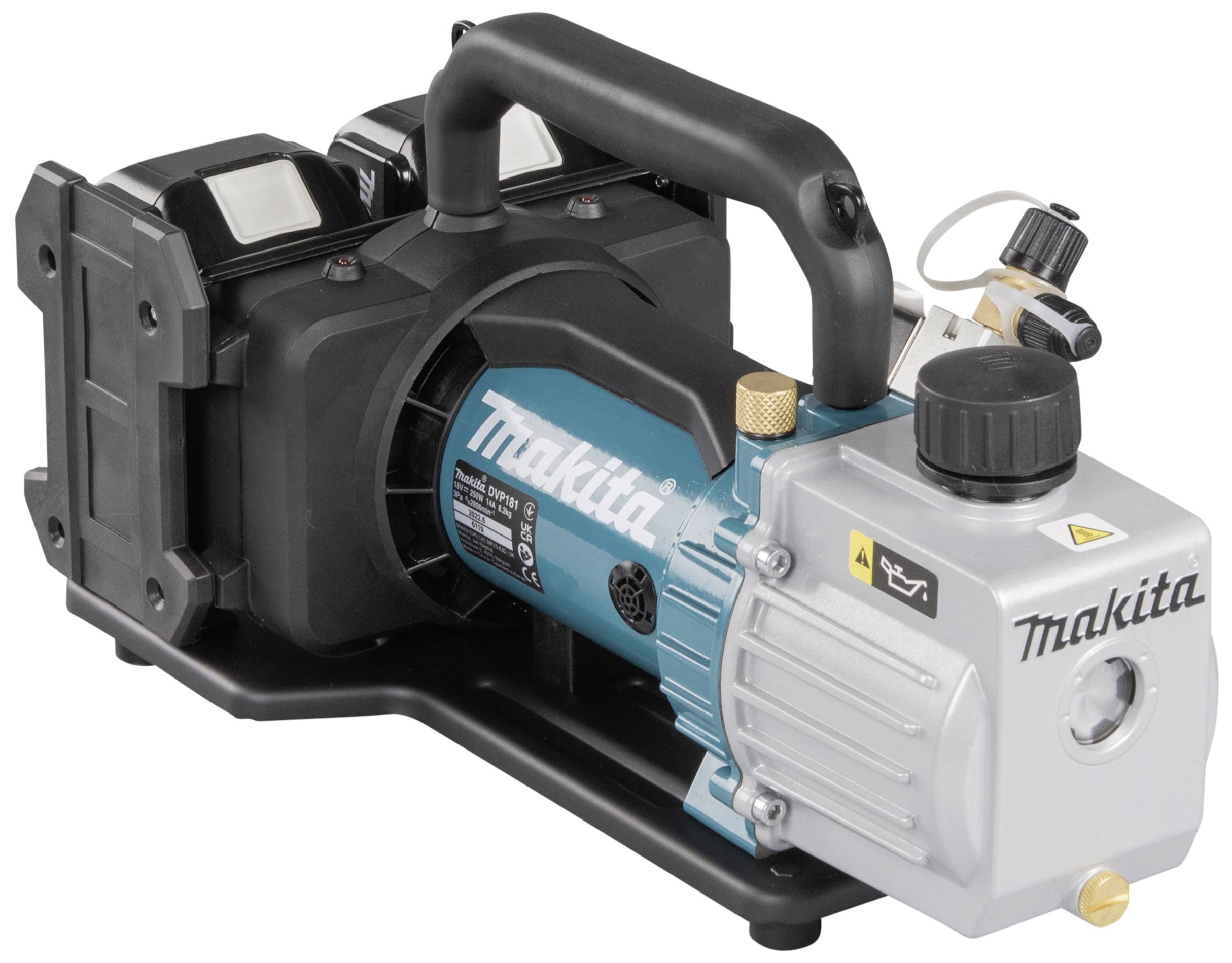 Pompe à vide Makita avec une poignée robuste et deux compartiments pour batteries. Idéale pour les applications industrielles.