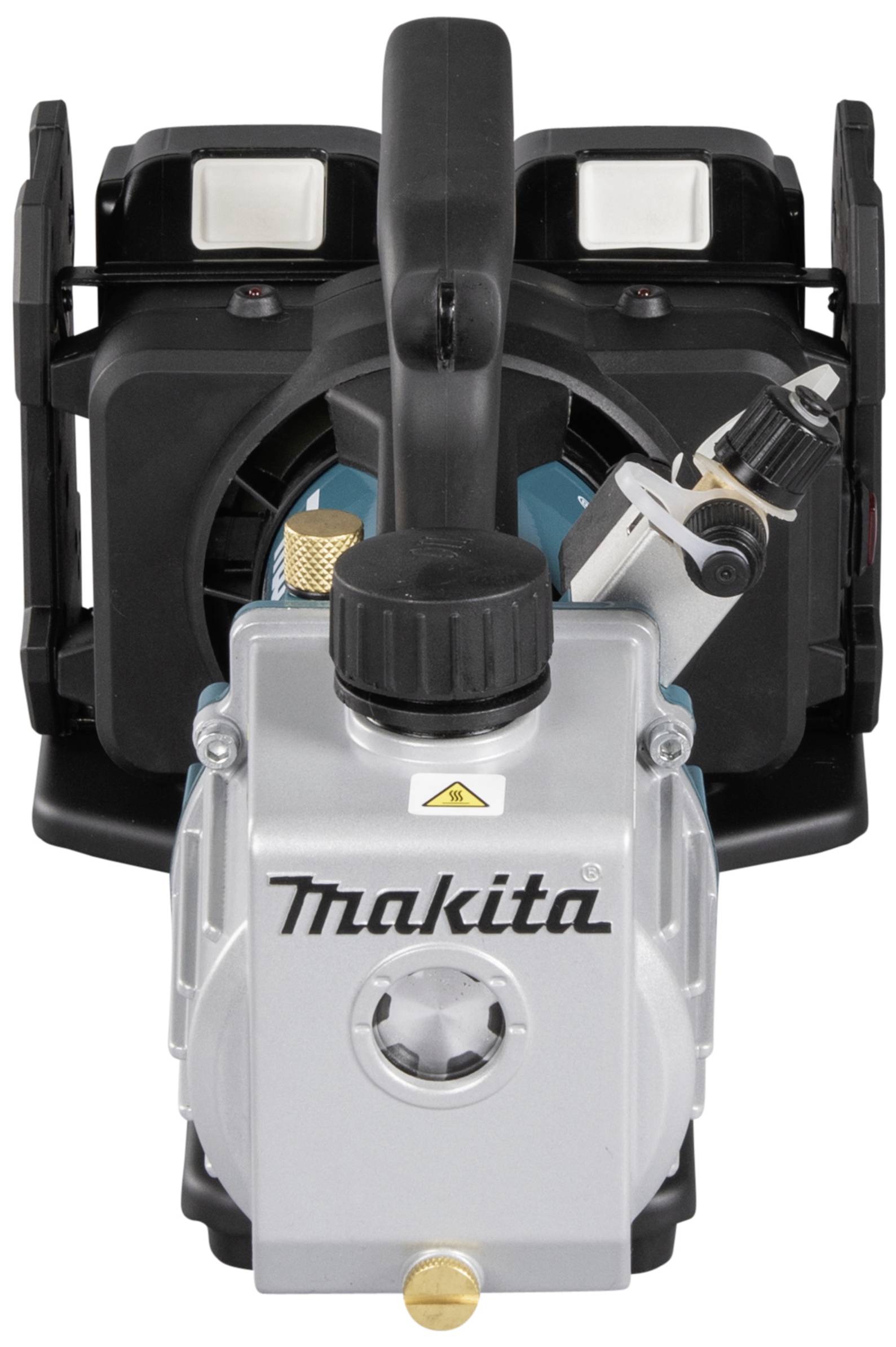 Pompe à eau Makita, de couleur argentée, vue de face. Caractéristique principale : poignée noire et interrupteurs blancs.