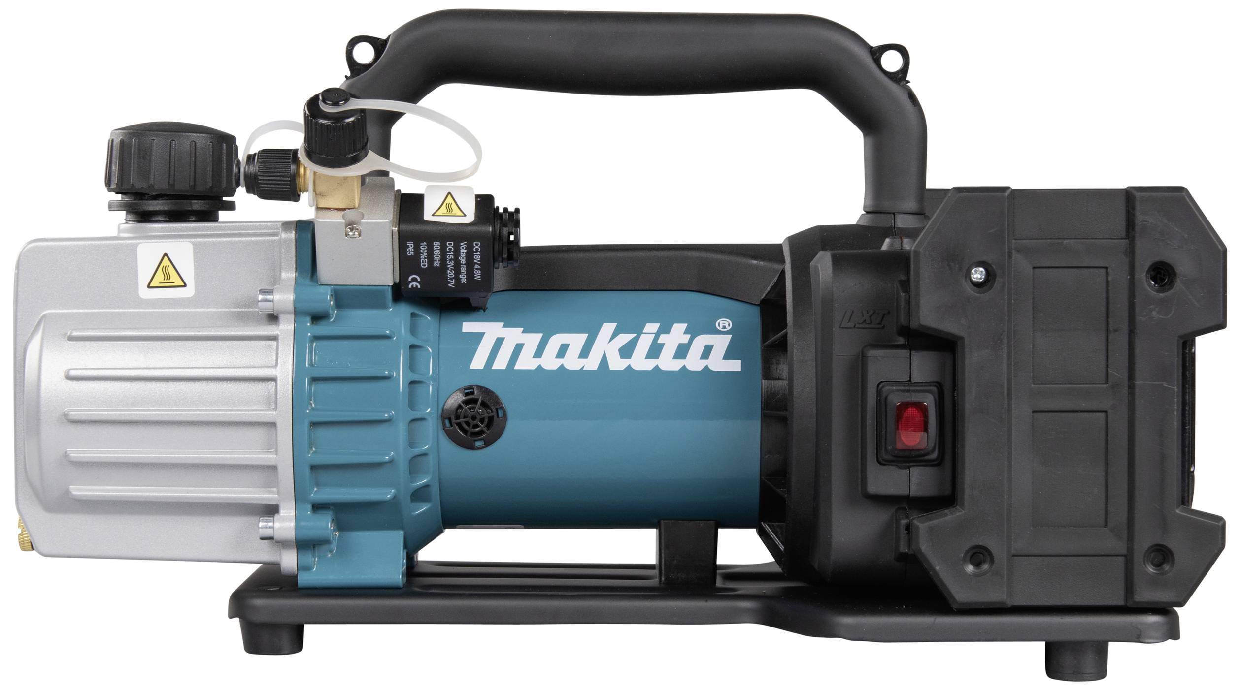 Une pompe à vide Makita avec un boîtier bleu, une poignée noire et un câble d'alimentation, est utilisée pour des applications industrielles.
