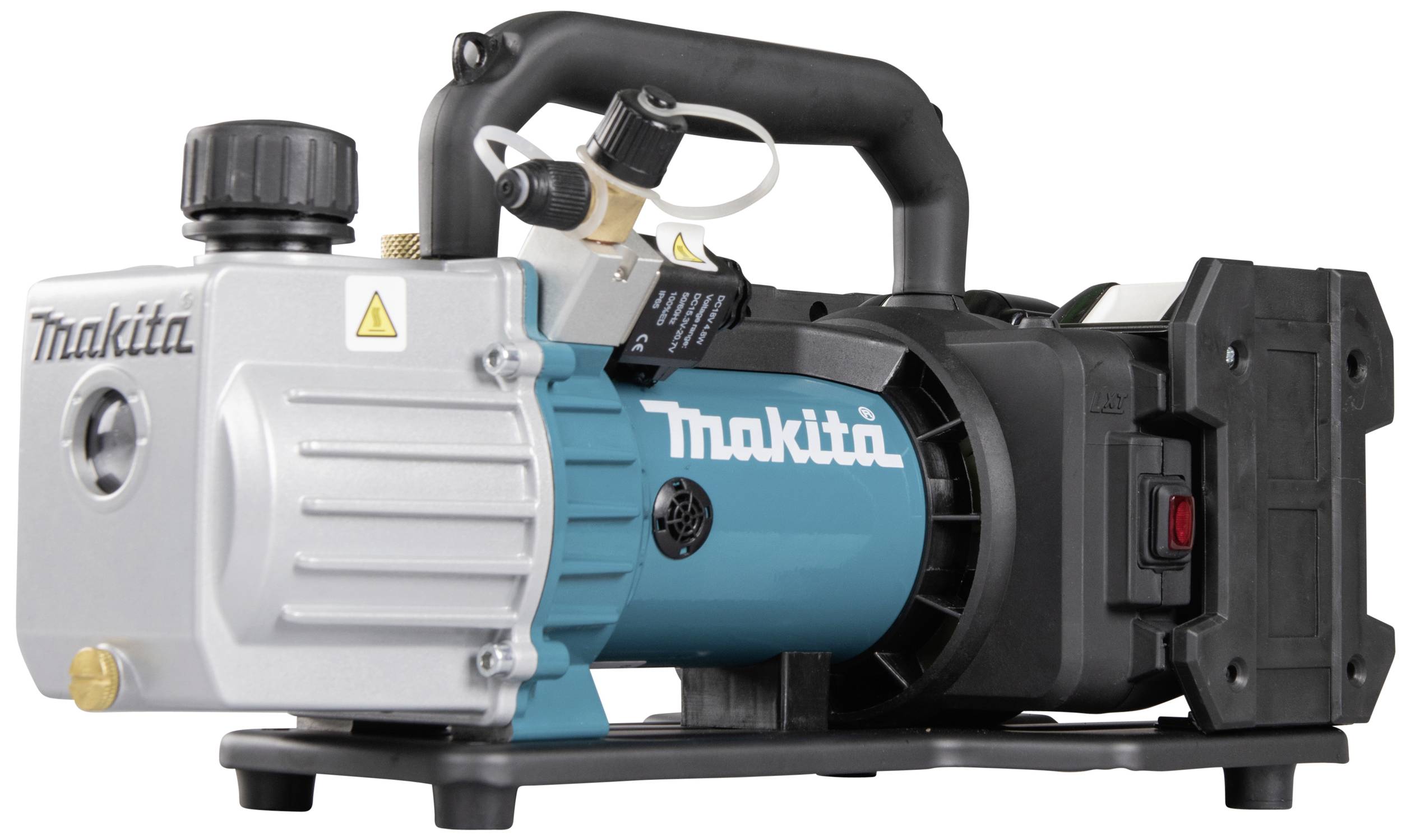 Une pompe à vide portable en bleu et gris de la marque 'Makita', adaptée à la maintenance et aux réparations des installations de réfrigération.