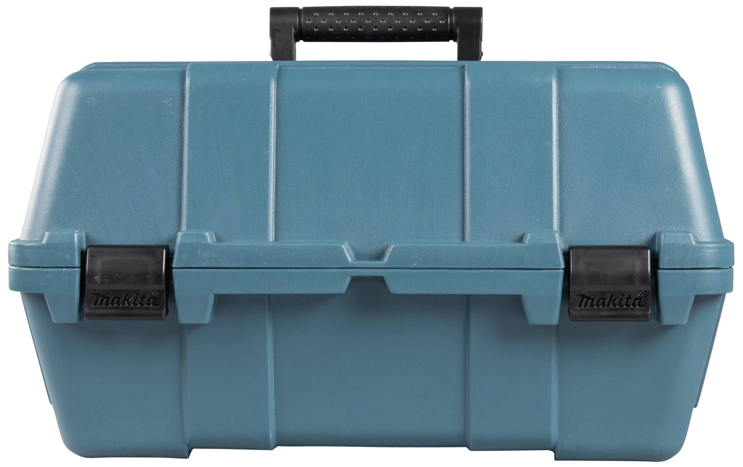 Valise à outils bleue avec poignée noire, fermée.