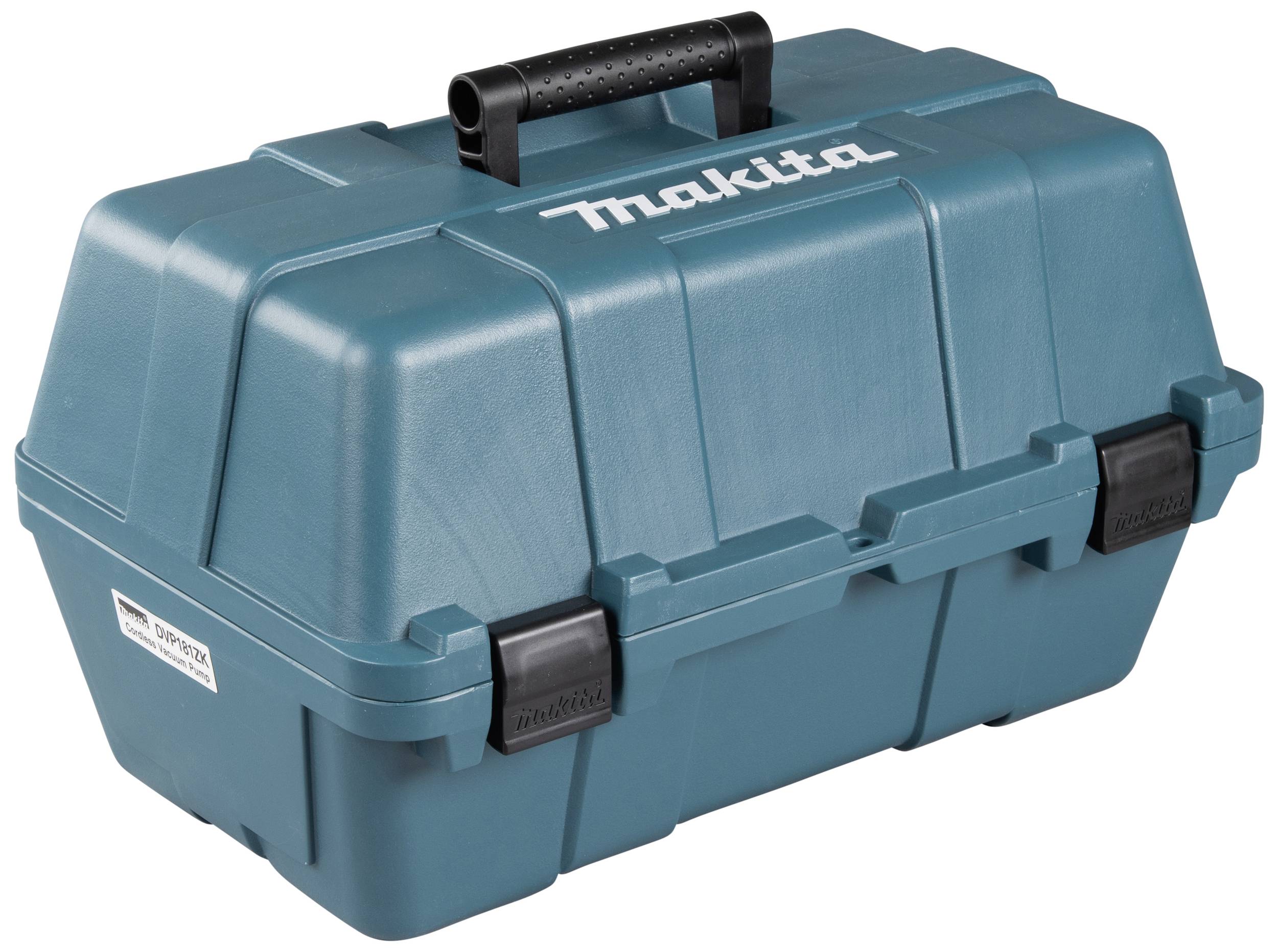 Boîte à outils bleue avec poignée de transport et logo Makita, fermée.