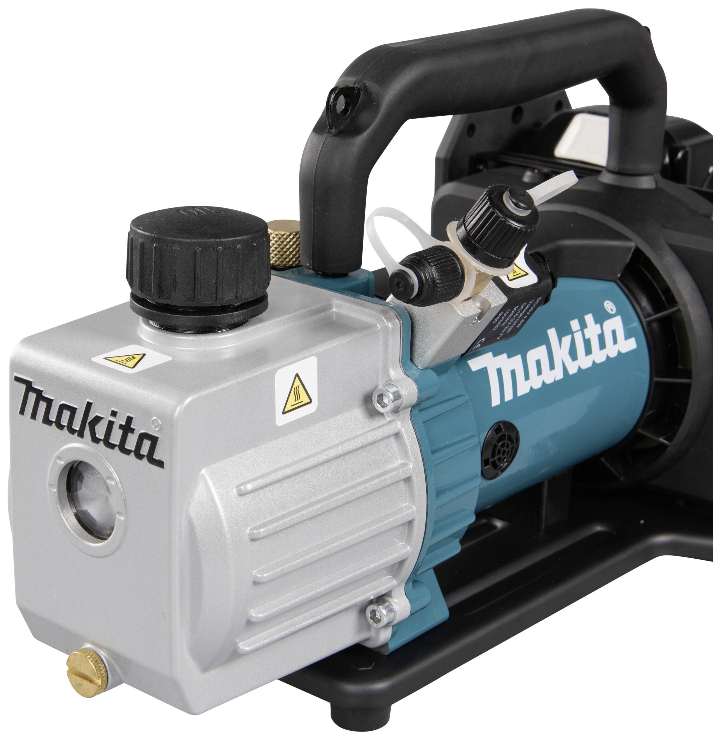 Pompe à vide Makita en bleu et argent avec poignée noire et plusieurs raccords, adaptée aux applications de CVC.