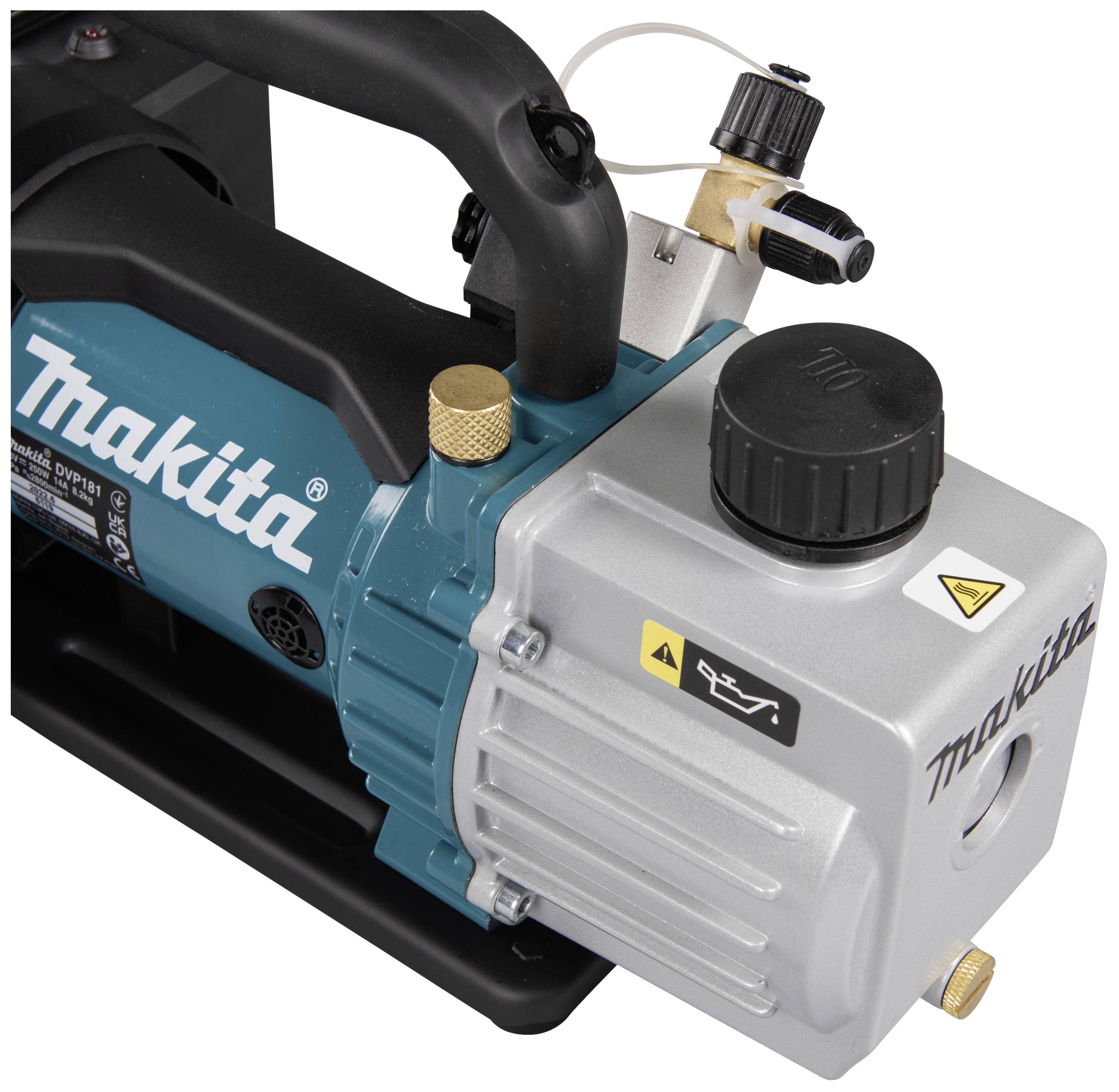 Pompe à vide Makita avec boîtier bleu et argenté, poignée noire et régulateurs. Utilisée pour la régulation de la pression dans diverses applications.
