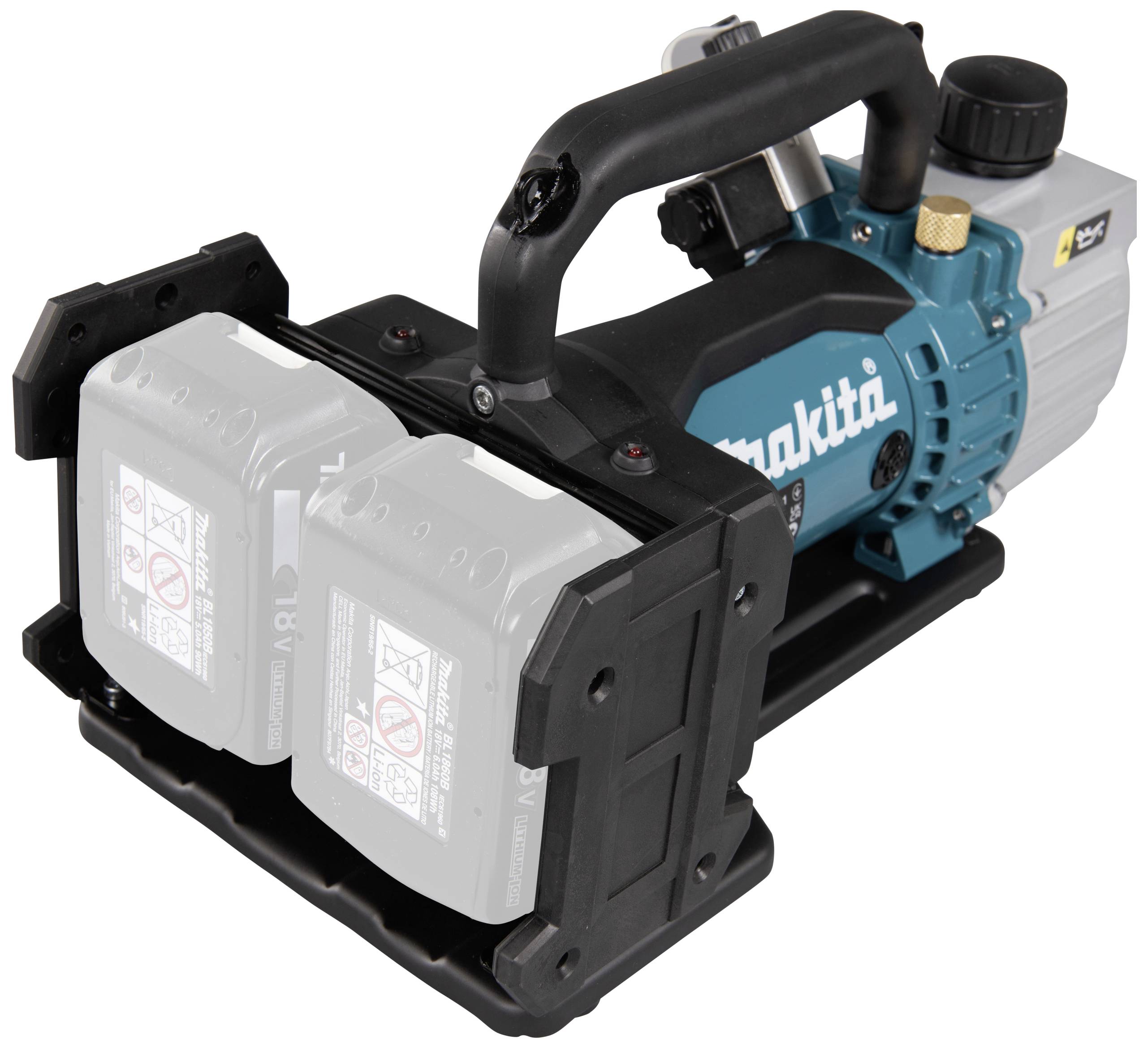 Un aspirateur portable alimenté par batterie avec deux compartiments de batterie visibles et une poignée ergonomique.