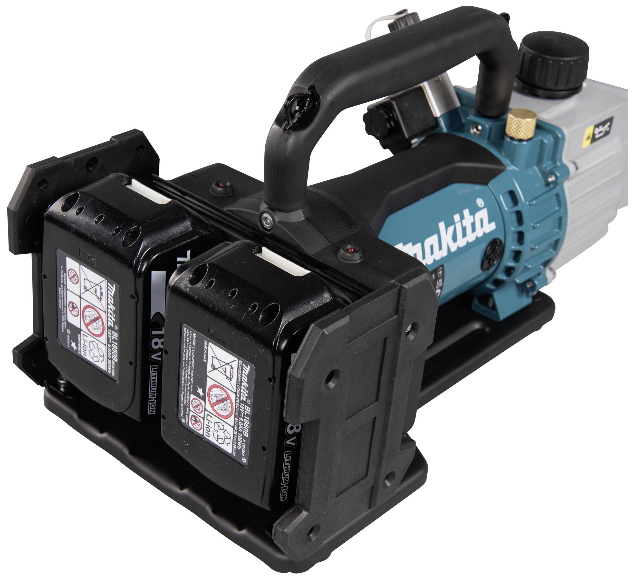 Un compresseur d'outils électriques bleu et noir avec logo de marque et deux batteries installées, idéal pour des applications de chantier.