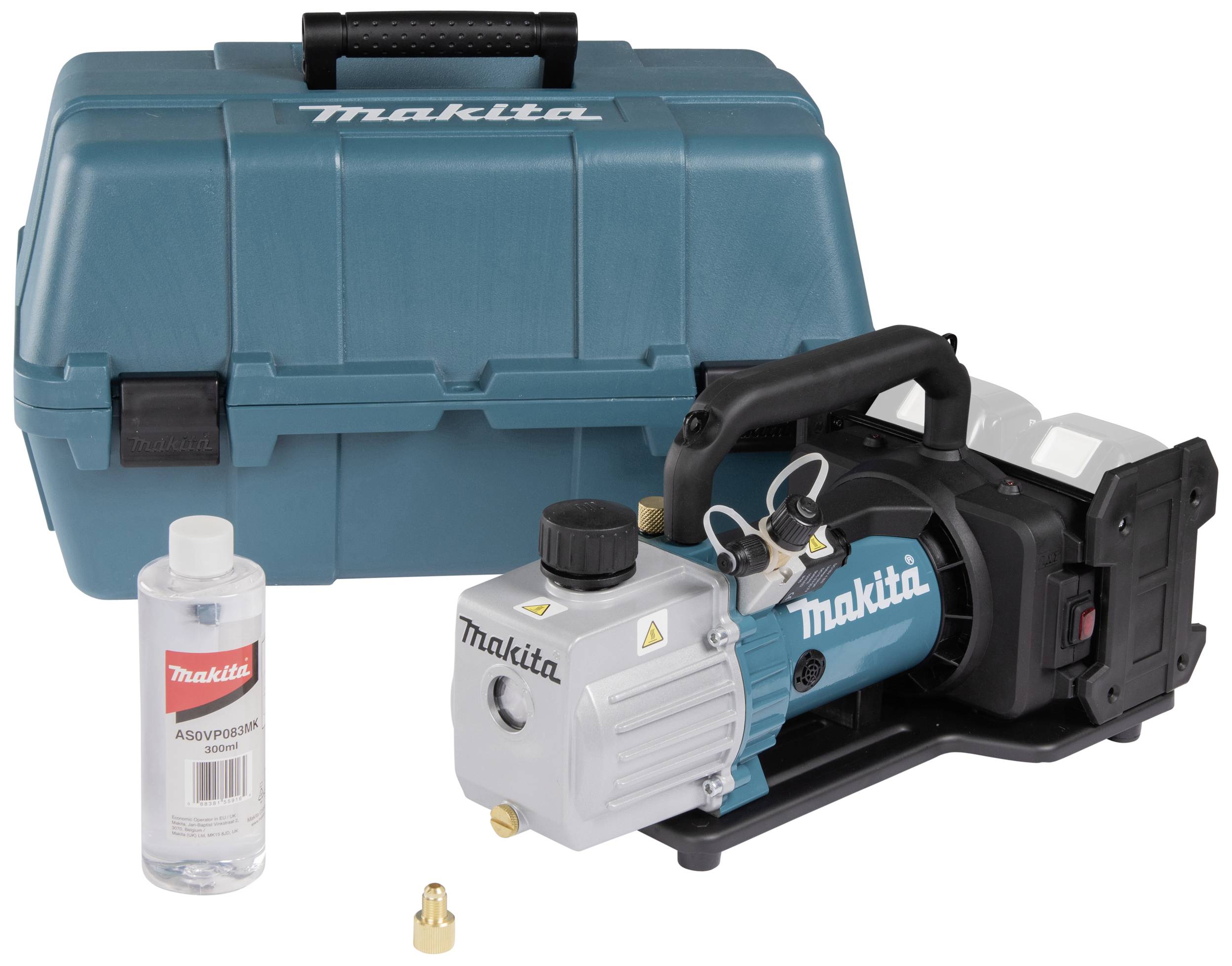 'Pompe à vide Makita avec poignée devant un coffret de transport bleu. À côté se trouvent une bouteille d'huile et un petit accessoire en métal.'