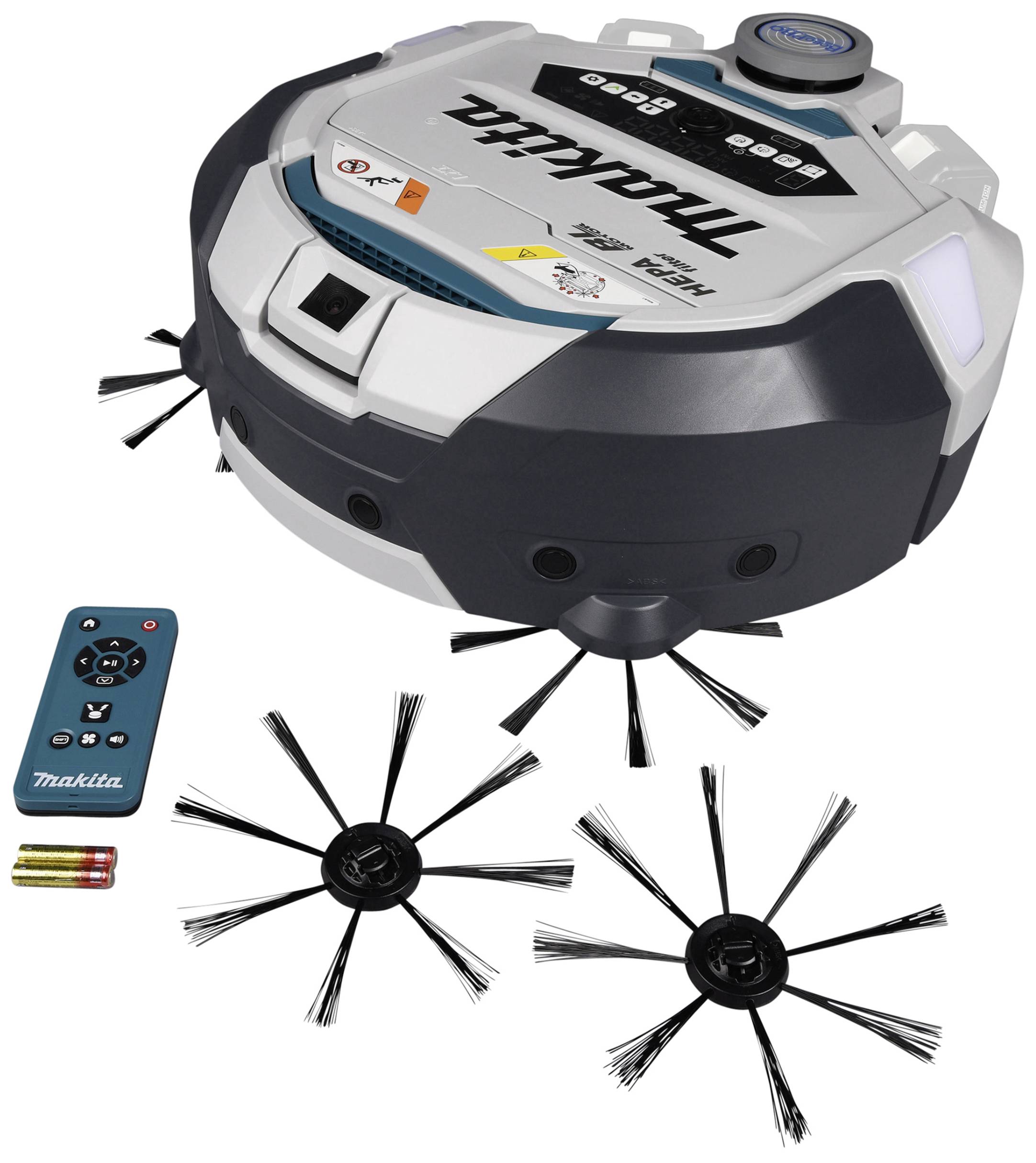 Un robot aspirateur rond avec deux brosses latérales et une télécommande, présenté sur un fond blanc.