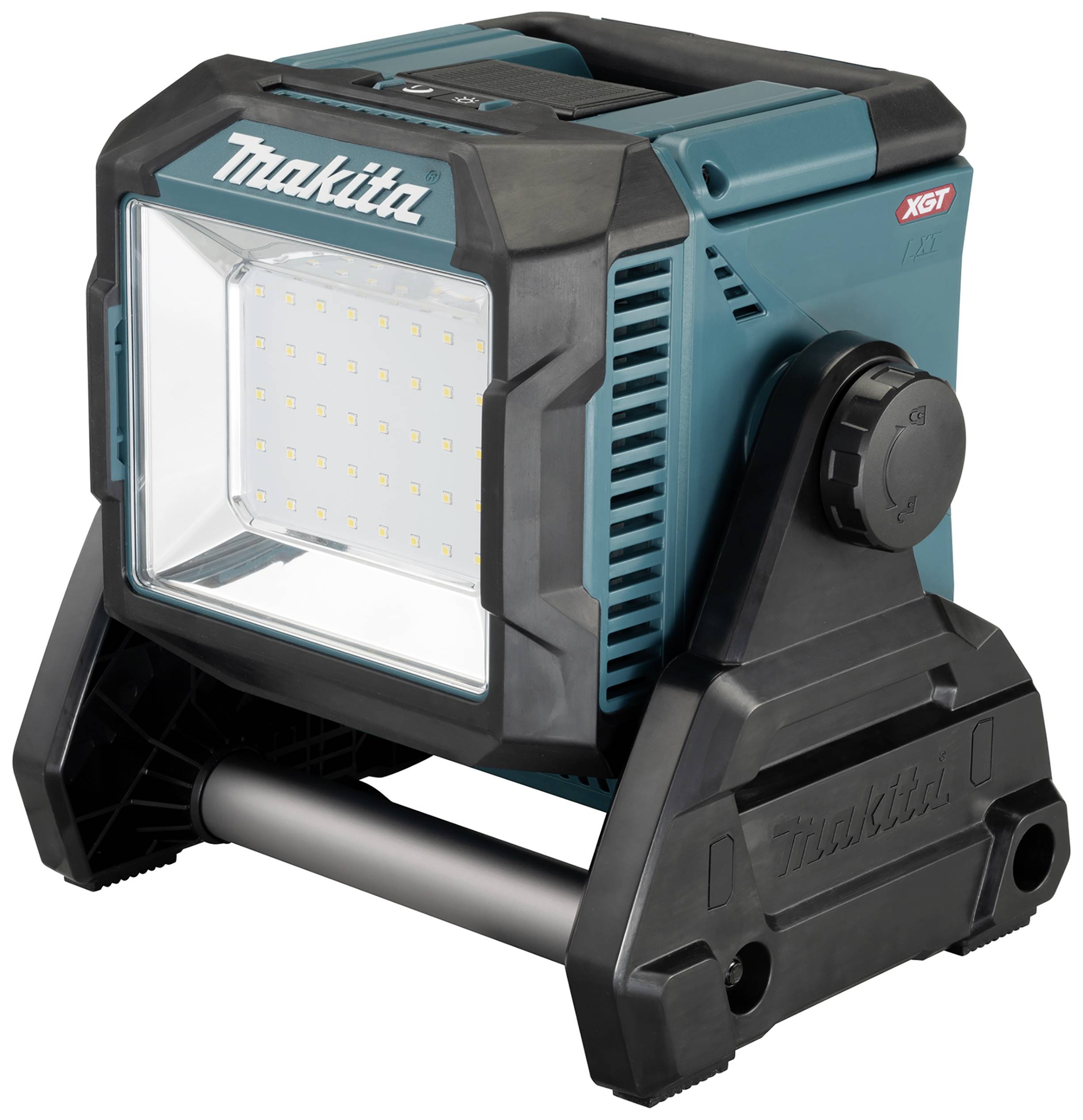 Projecteur de chantier LED à batterie en bleu et noir avec poignée de transport. LED visibles derrière une vitre de protection transparente.