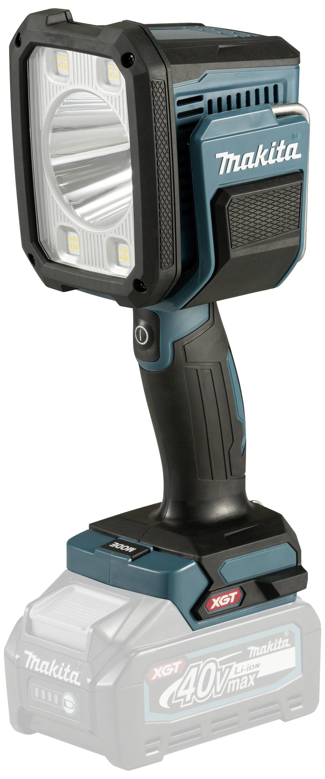 Lampe de travail LED portable Makita en noir et bleu, avec une poignée ergonomique et batterie fixée visiblement sur la face inférieure.