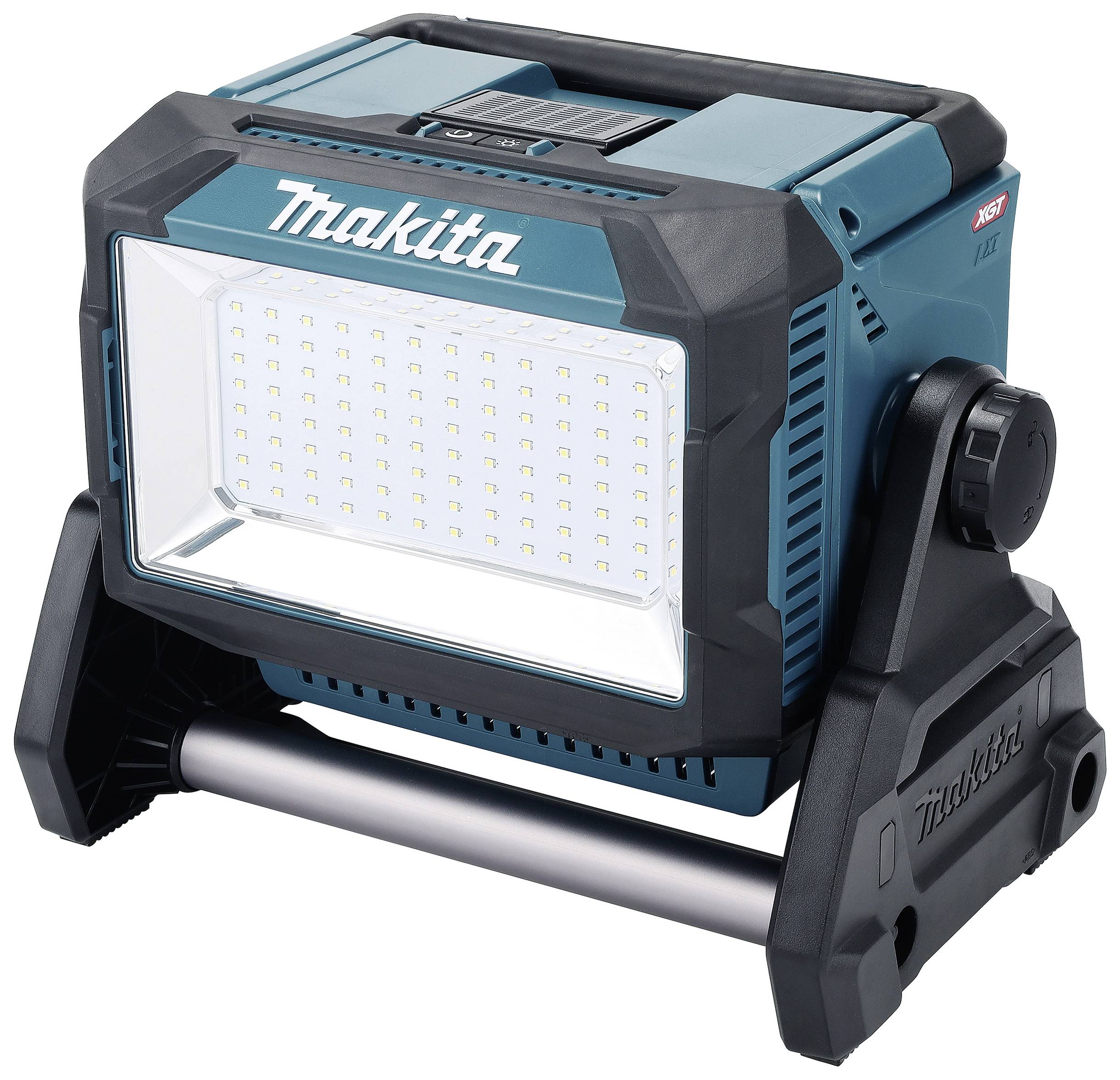 Un projecteur LED portable bleu avec un boîtier noir monté sur un support rotatif.