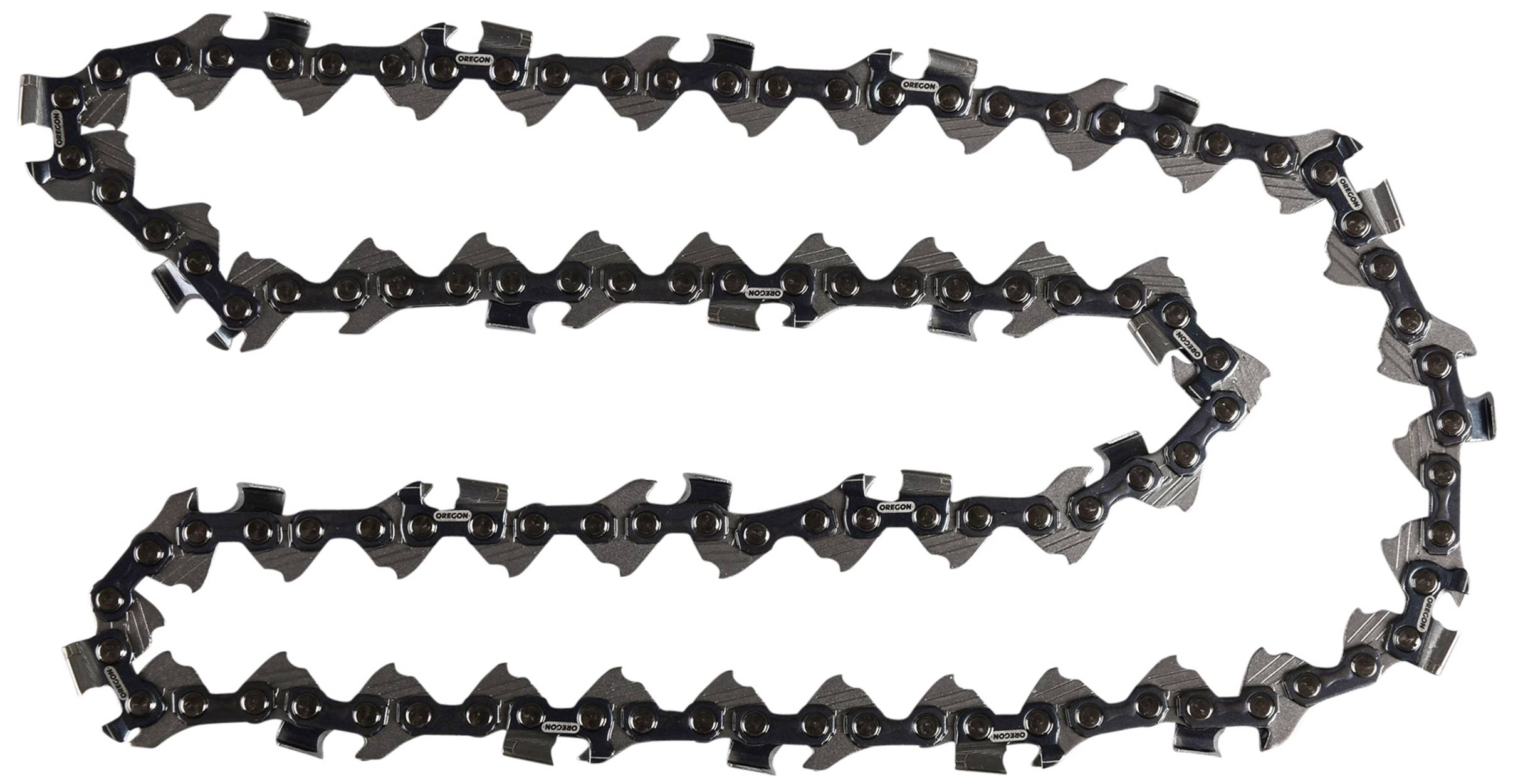 Chaîne de tronçonneuse métallique en boucle, avec des dents tranchantes réparties uniformément le long de la chaîne pour la coupe du bois.