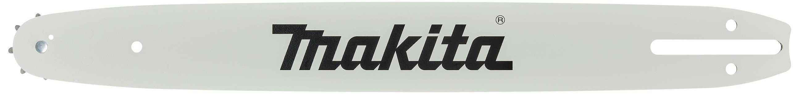 L'image montre un rail de guidage argenté portant l'inscription noire 'Makita'. Il appartient à une tronçonneuse.