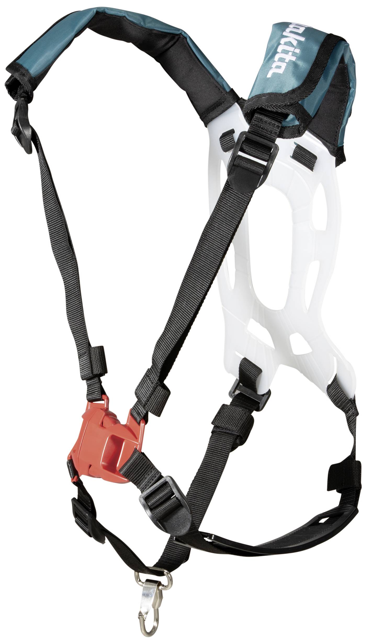 Harnais de sécurité avec sangles réglables et boucle métallique, utilisé pour la sécurisation lors de travaux en hauteur.