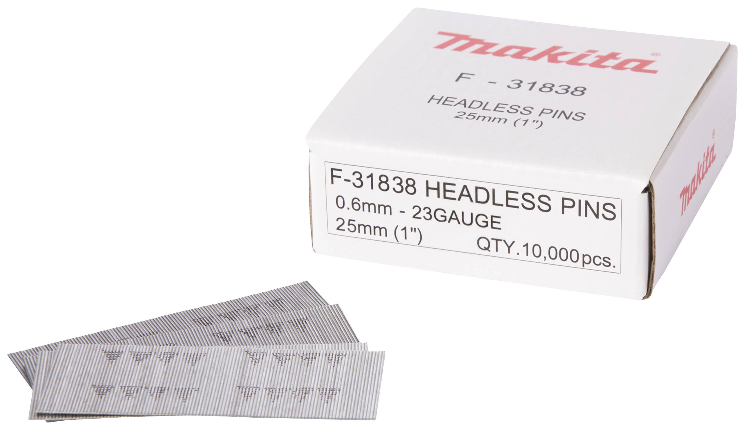Emballage de clous sans tête de la marque Makita, modèle F-31838, épaisseur de 0,6 mm, longueur de 25 mm, lot de 10 000 pièces.
