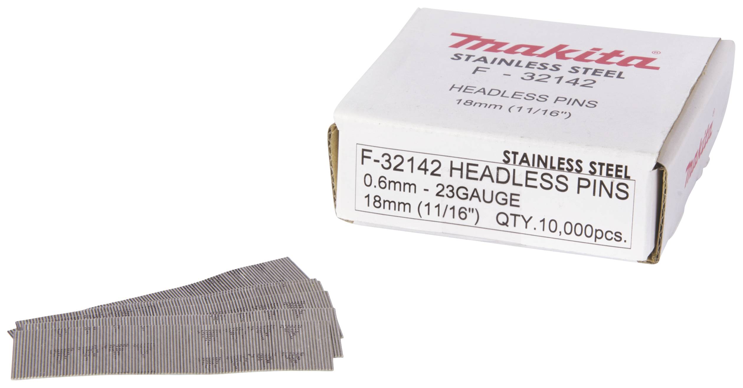 Une boîte de 'Makita Stainless Steel Headless Pins' F-32142, 0,6 mm, calibre 23, longueur 18 mm, 10 000 pièces.