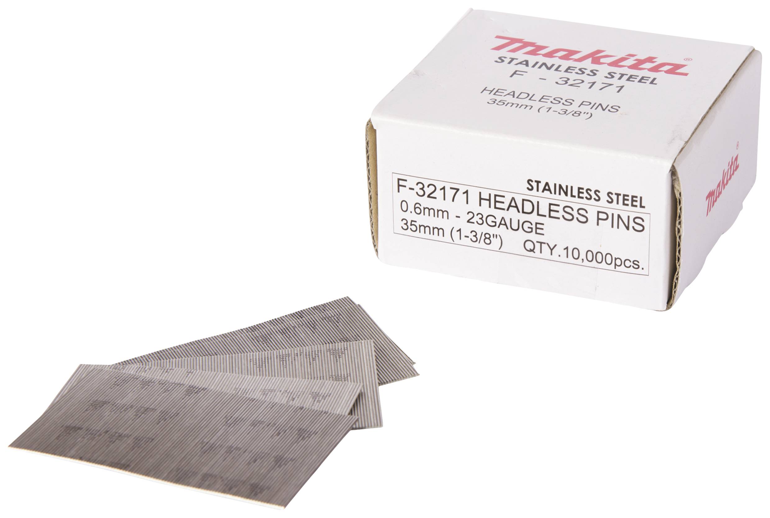 Un lot de Makita avec des épingles sans tête en acier inoxydable, épaisseur de 0,6 mm, longueur de 35 mm, quantité : 10 000 pièces. Deux feuilles avec des épingles sont disposées devant.