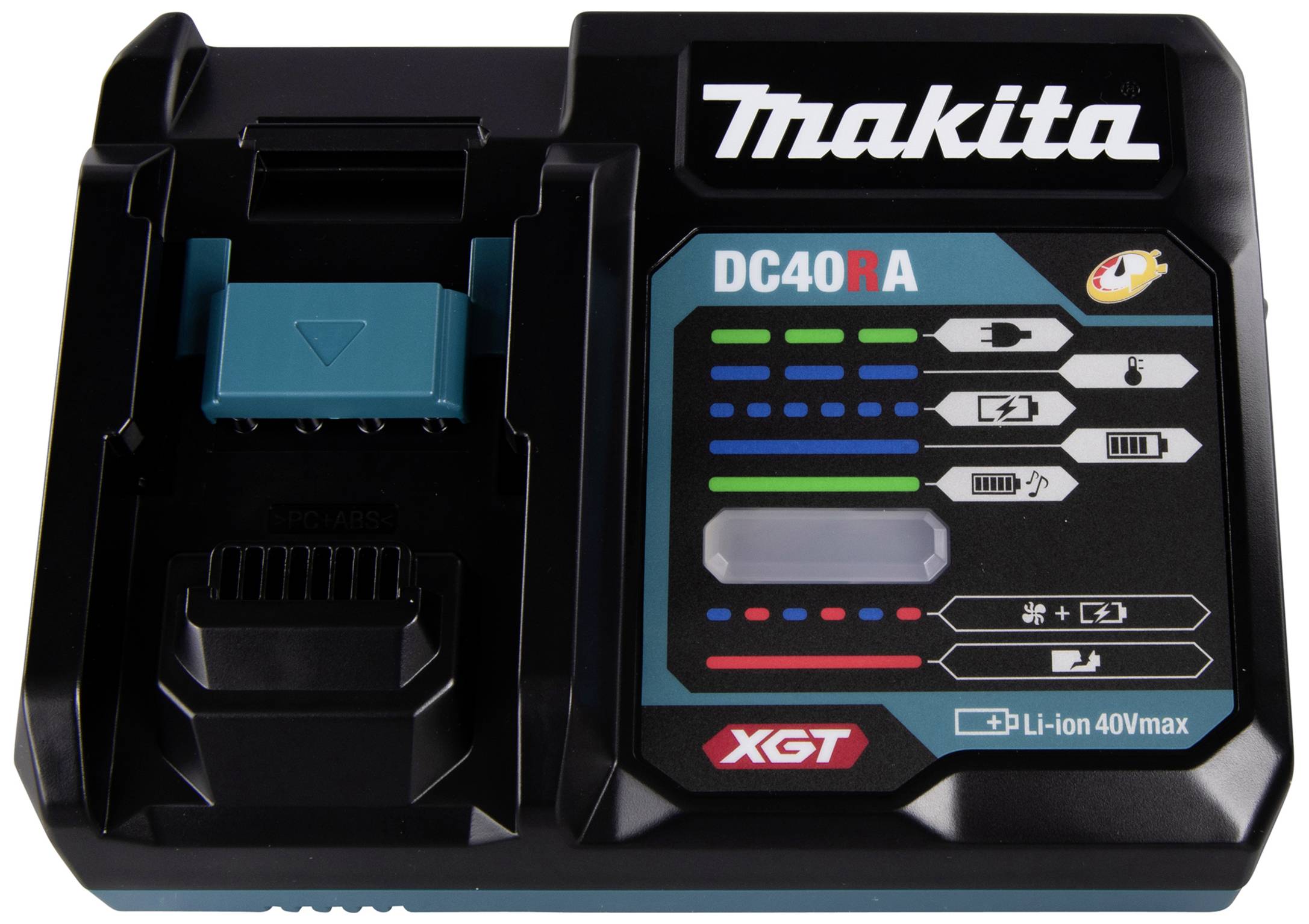 Chargeur avec emplacement pour batteries de la marque Makita. Des symboles imprimés indiquent le statut et les informations de charge. Compatible avec les batteries Li-Ion 40V max.