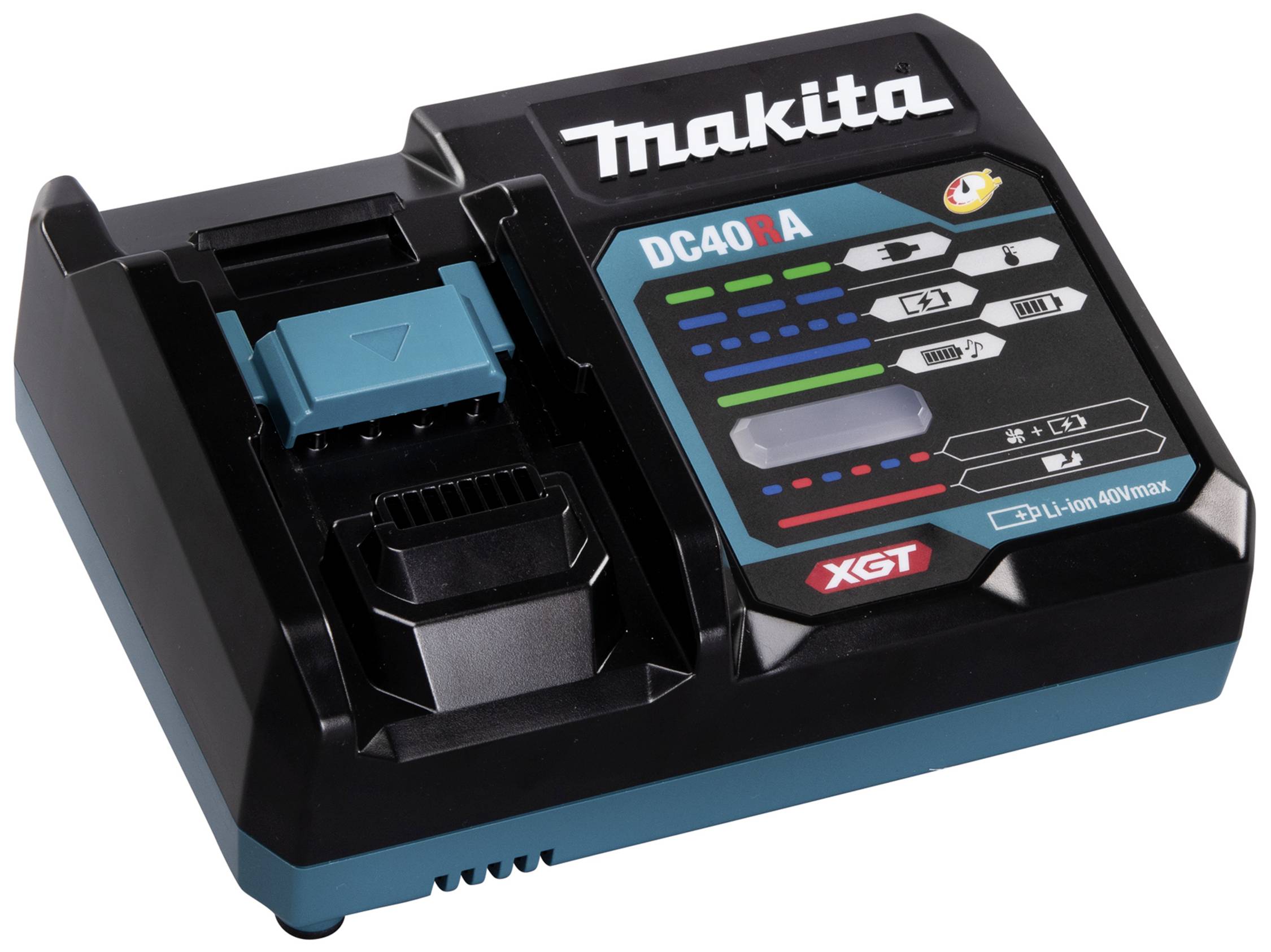 Chargeur Makita DC40RA pour batteries Li-Ion 40V, avec indication de l'état de charge et du statut par des voyants LED.