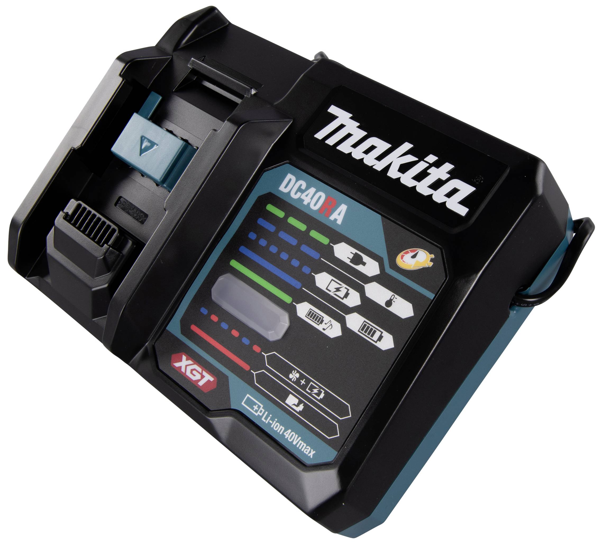 Chargeur de batterie Makita DC40RA affichant l'état de charge et les types de batteries compatibles. Design noir avec des détails bleus et verts.