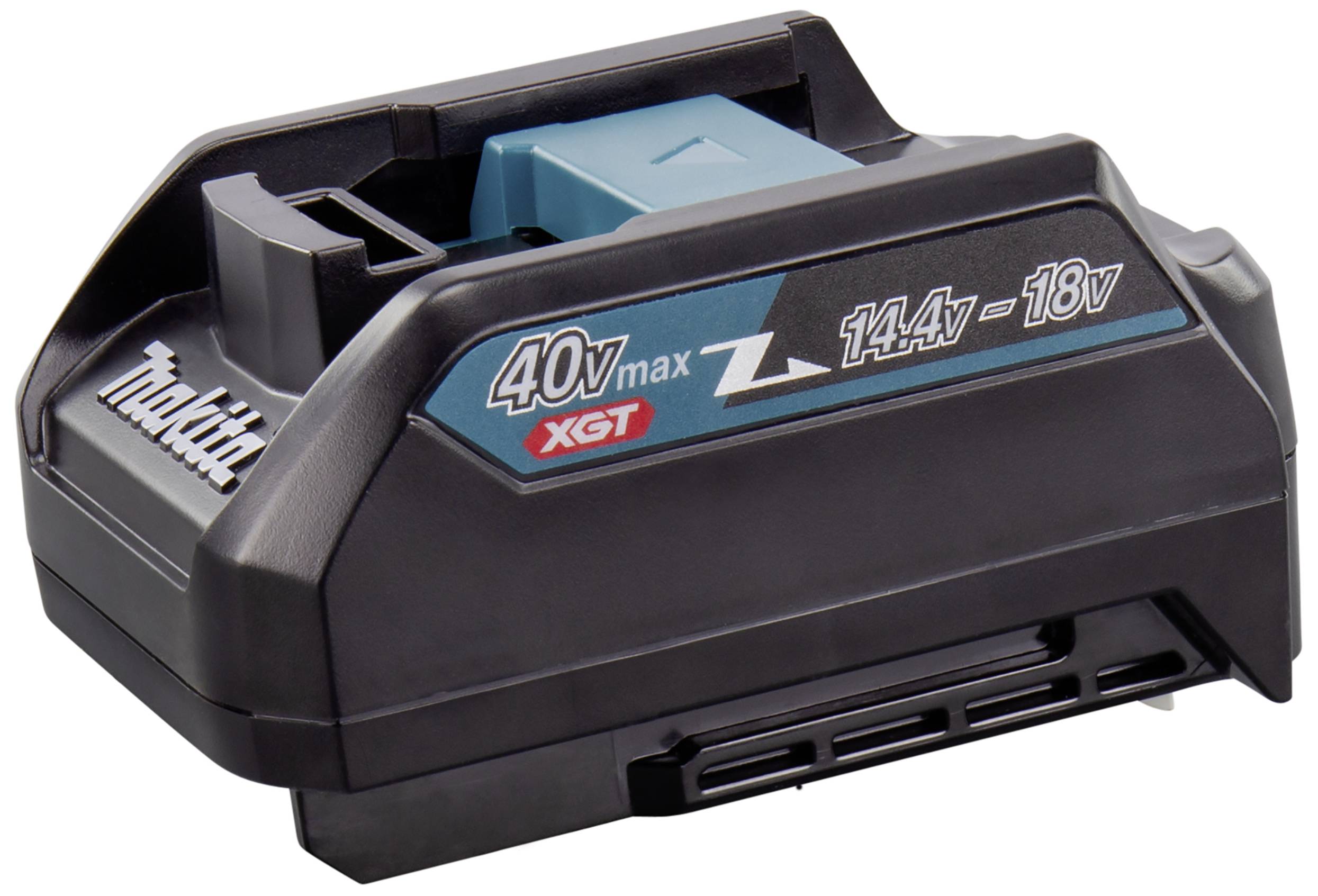 Batterie Makita XGT noire avec couvercle bleu, portant l'inscription « 40V max, 14,4V - 18V ». Adaptée aux outils électriques.