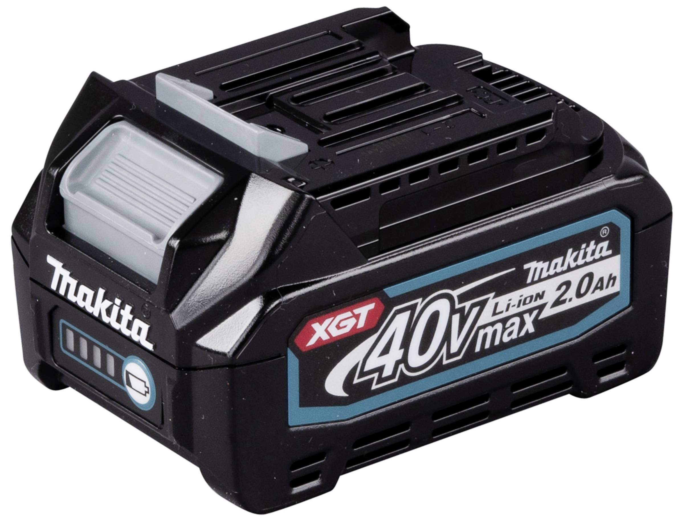 Un accumulateur noir Makita XGT 40V max Li-Ion 2.0Ah au design bleu et noir. L'inscription affiche le nom de la marque et les spécifications.