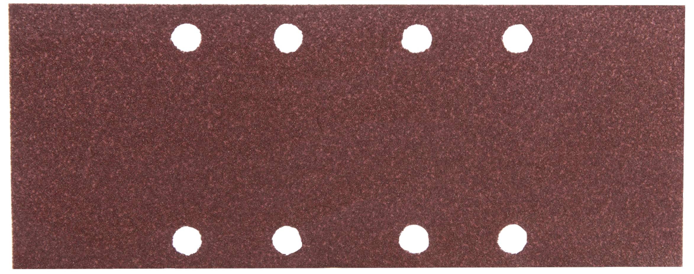 Papier de verre rectangulaire rouge avec six trous poinçonnés disposés en deux rangées.