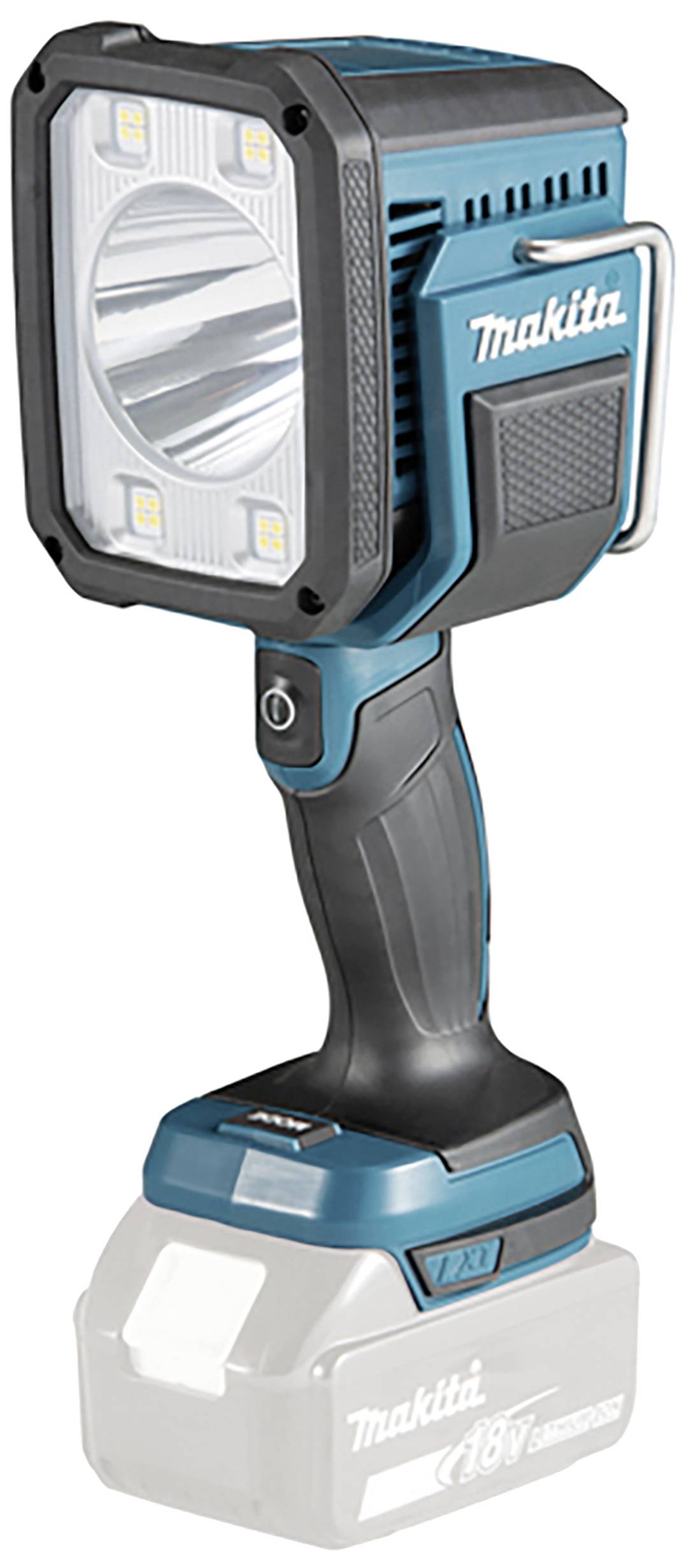 Projecteurs LED à batterie de Makita avec poignée ergonomique, adaptés à l'éclairage flexible des zones de travail.