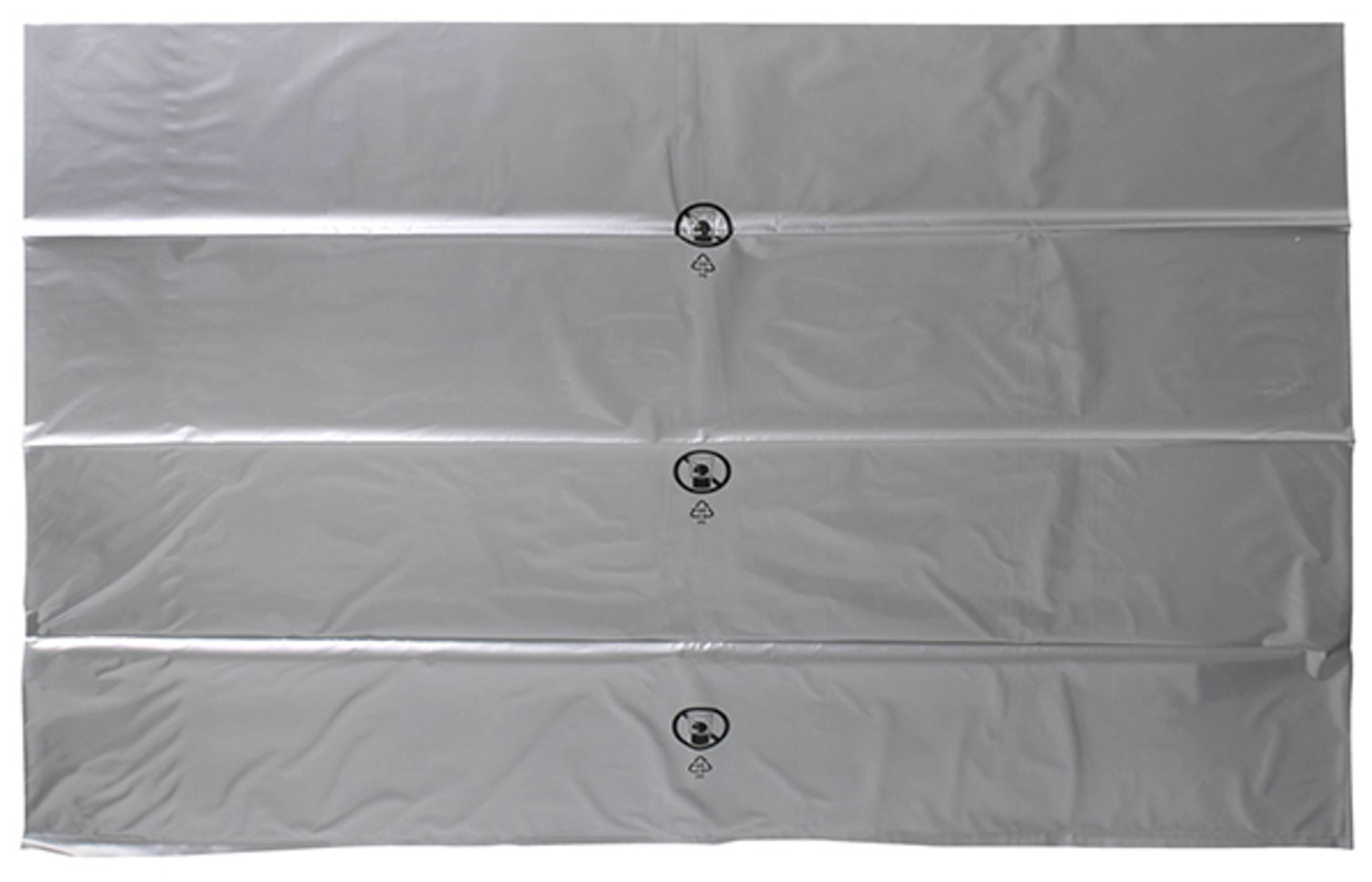 Sac en plastique gris étalé avec plusieurs avertissements imprimés et symboles de recyclage.