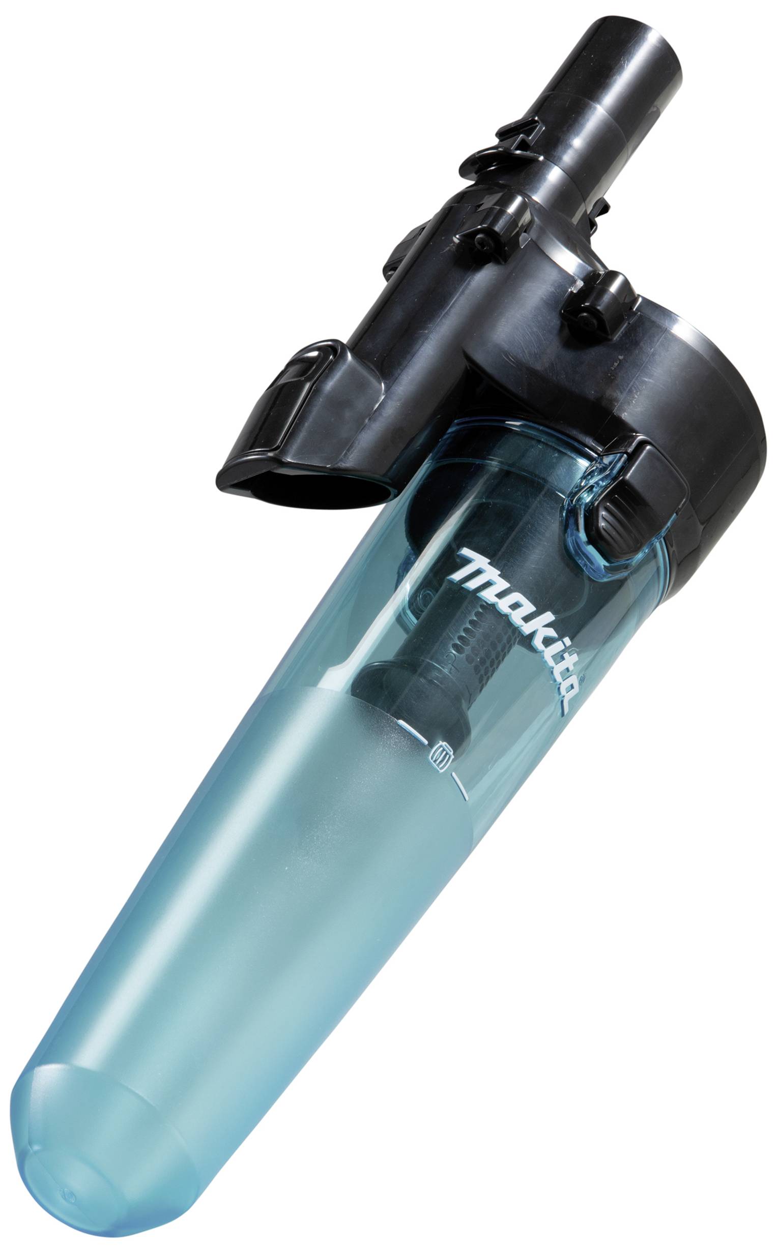Un réservoir de poussière bleu transparent pour un aspirateur portant l'inscription 'Makita' sur le côté.