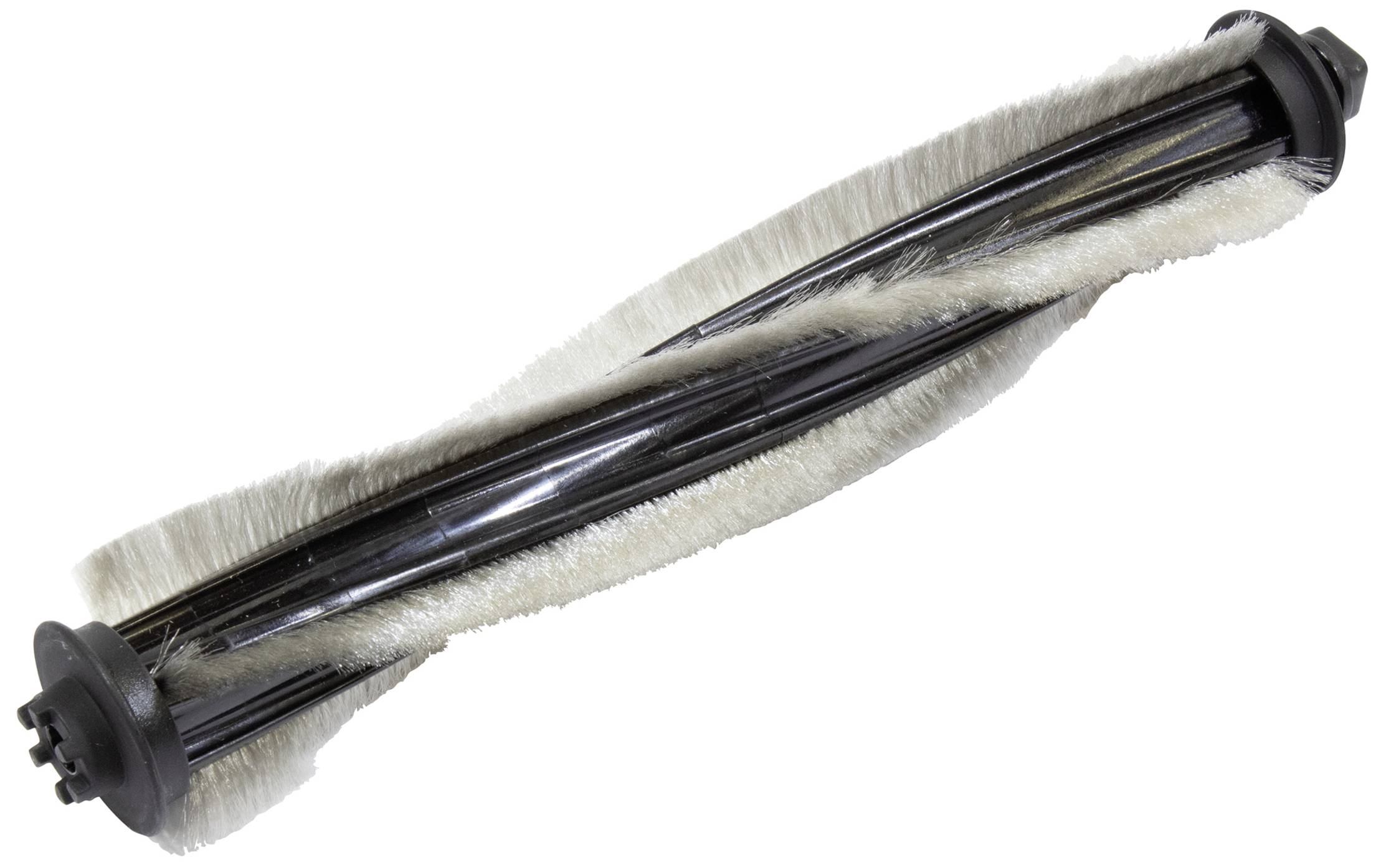 Un rouleau de brosse rotative avec des poils blancs, utilisé dans les aspirateurs pour nettoyer les tapis et les sols.