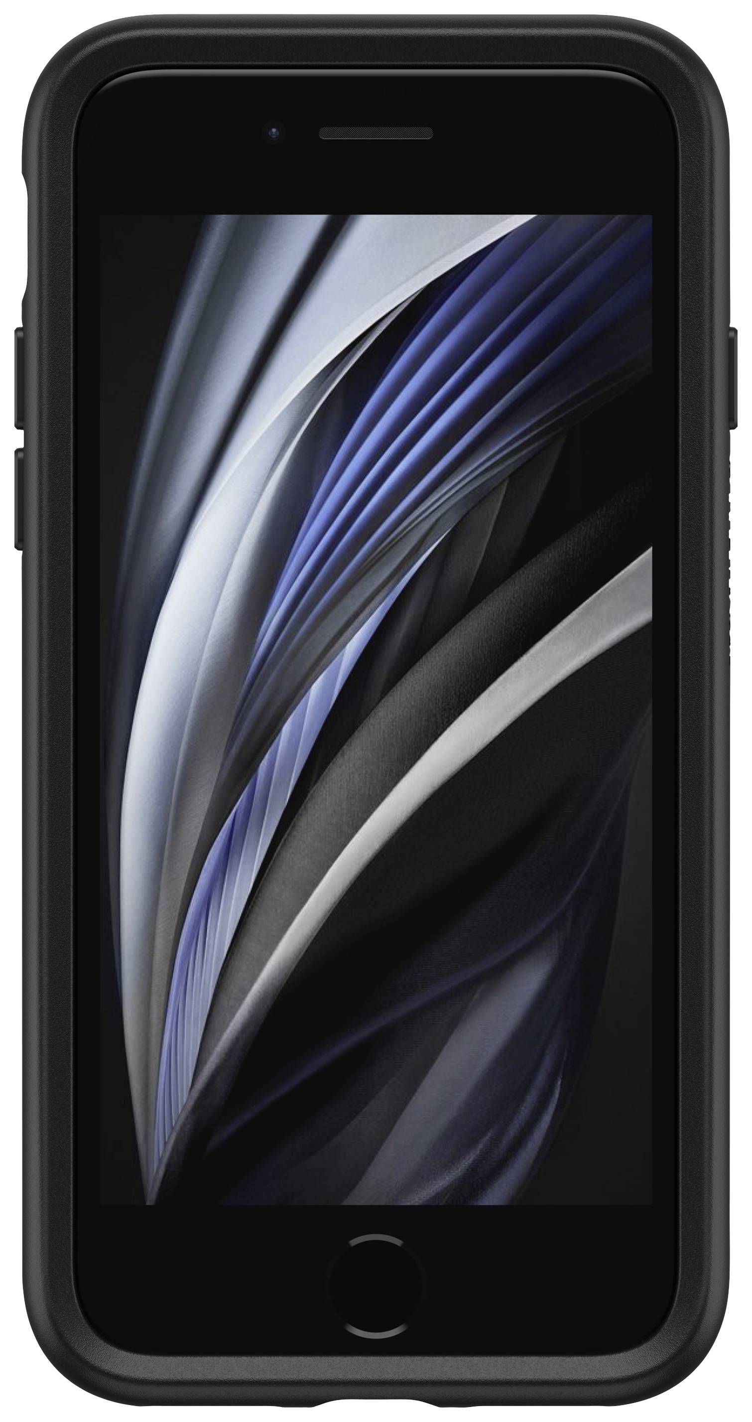 Smartphone au boîtier sombre, affichant une image abstraite avec des formes d'ondes bleues et grises sur l'écran.