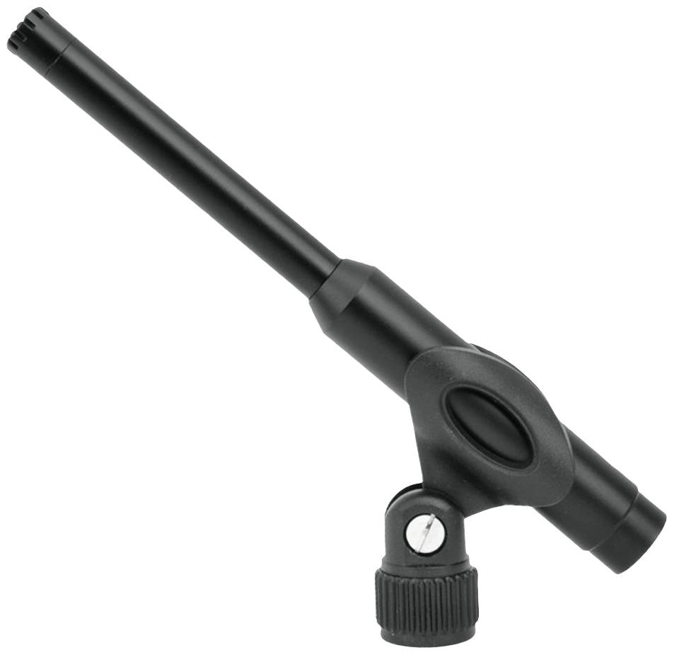 Un microphone noir avec support, adapté pour l'enregistrement audio.