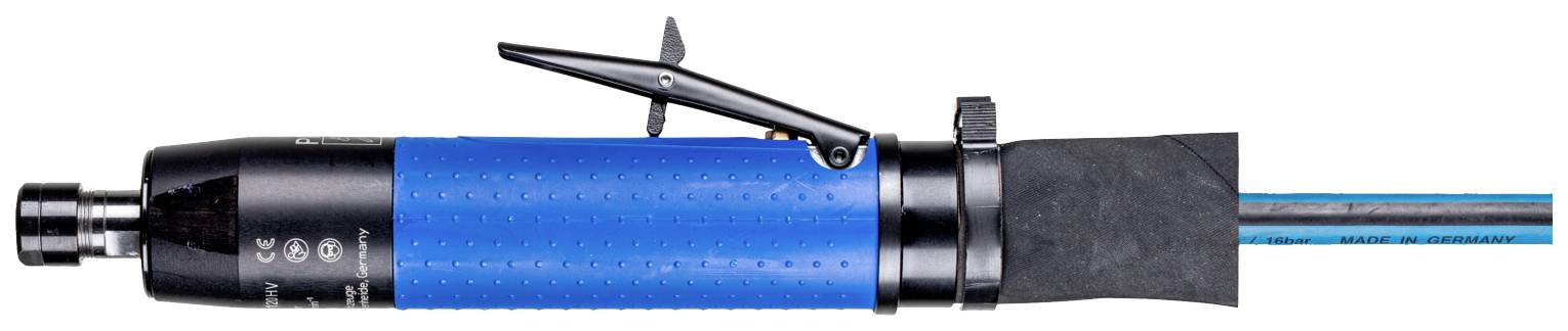 Outil pneumatique avec poignée bleue et levier de commande, raccordé à un système de tuyaux à air comprimé.