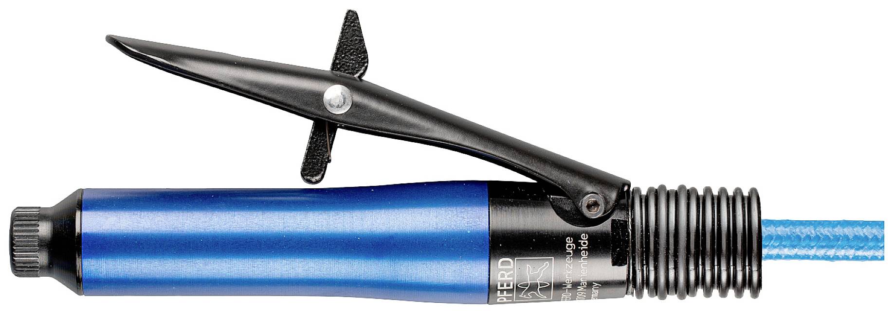 Un meuleuse pneumatique droite bleue avec interrupteur noir pour le meulage et l'ébavurage précis de surfaces métalliques.