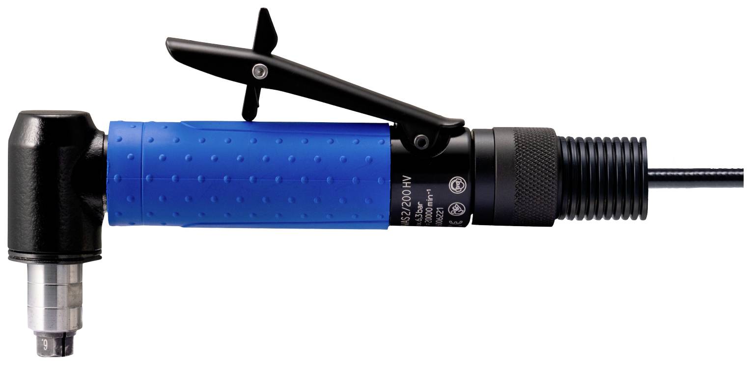 Une meuleuse d'angle bleue avec poignée noire et gâchette de sécurité. Développée pour un travail précis dans des espaces confinés.